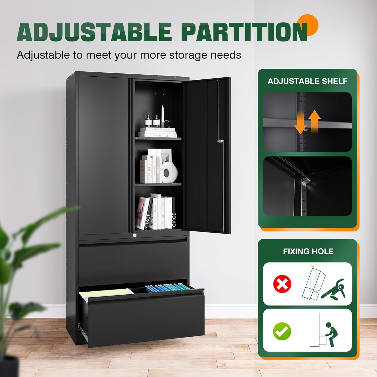 image:imageLetaya 3 Drawer Metal Storage Cabinets for Home OfficeFile Cabinet with Lock and 2 Adjust ShelvesHang Filing LegalLetterA4F4 SizeBlackBlack