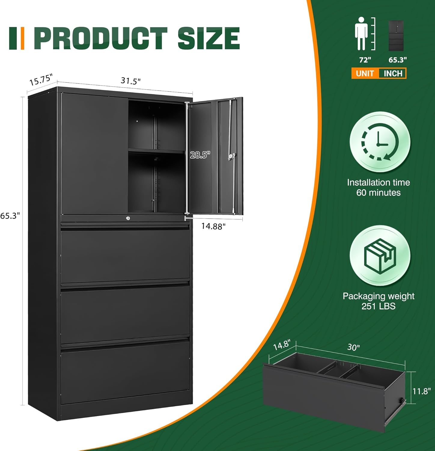 image:imageLetaya 3 Drawer Metal Storage Cabinets for Home OfficeFile Cabinet with Lock and 2 Adjust ShelvesHang Filing LegalLetterA4F4 SizeBlackBlack