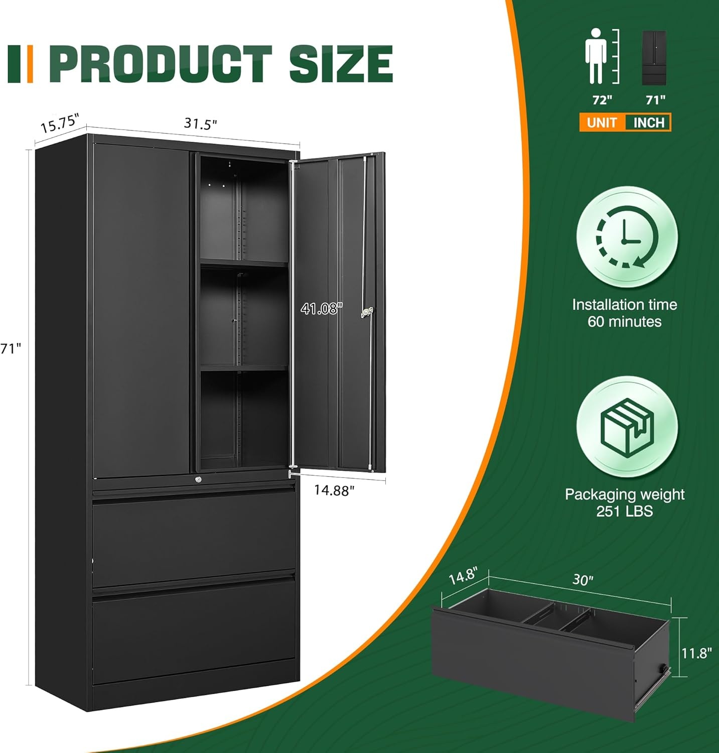 image:imageLetaya 3 Drawer Metal Storage Cabinets for Home OfficeFile Cabinet with Lock and 2 Adjust ShelvesHang Filing LegalLetterA4F4 SizeBlackBlack