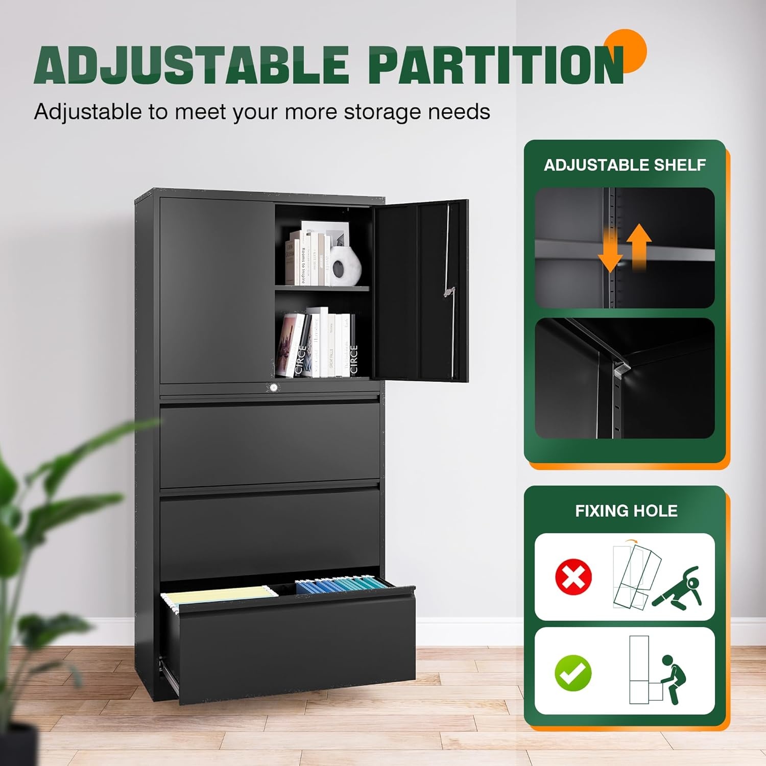 image:imageLetaya 3 Drawer Metal Storage Cabinets for Home OfficeFile Cabinet with Lock and 2 Adjust ShelvesHang Filing LegalLetterA4F4 SizeBlackBlack