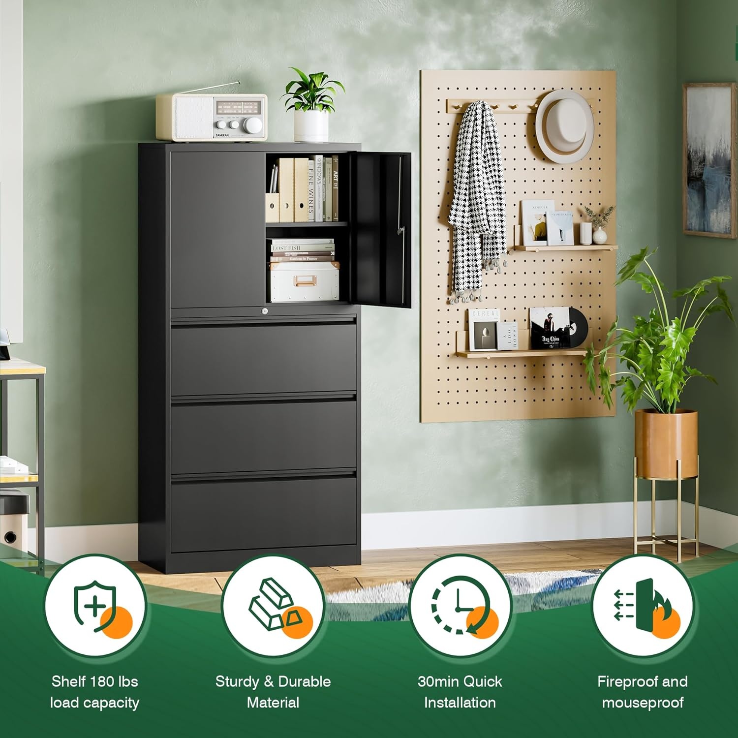 image:imageLetaya 3 Drawer Metal Storage Cabinets for Home OfficeFile Cabinet with Lock and 2 Adjust ShelvesHang Filing LegalLetterA4F4 SizeBlackBlack