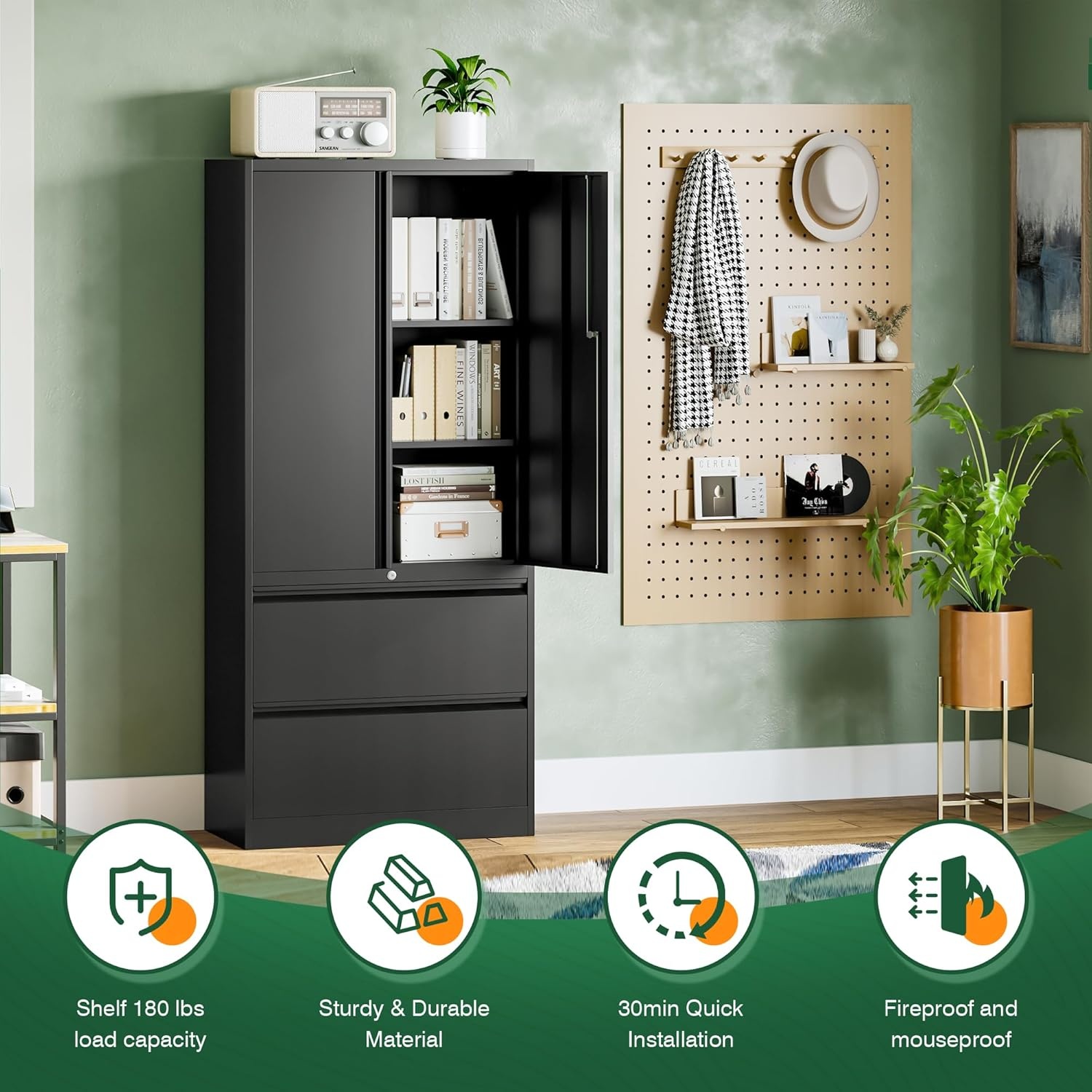 image:imageLetaya 3 Drawer Metal Storage Cabinets for Home OfficeFile Cabinet with Lock and 2 Adjust ShelvesHang Filing LegalLetterA4F4 SizeBlackBlack