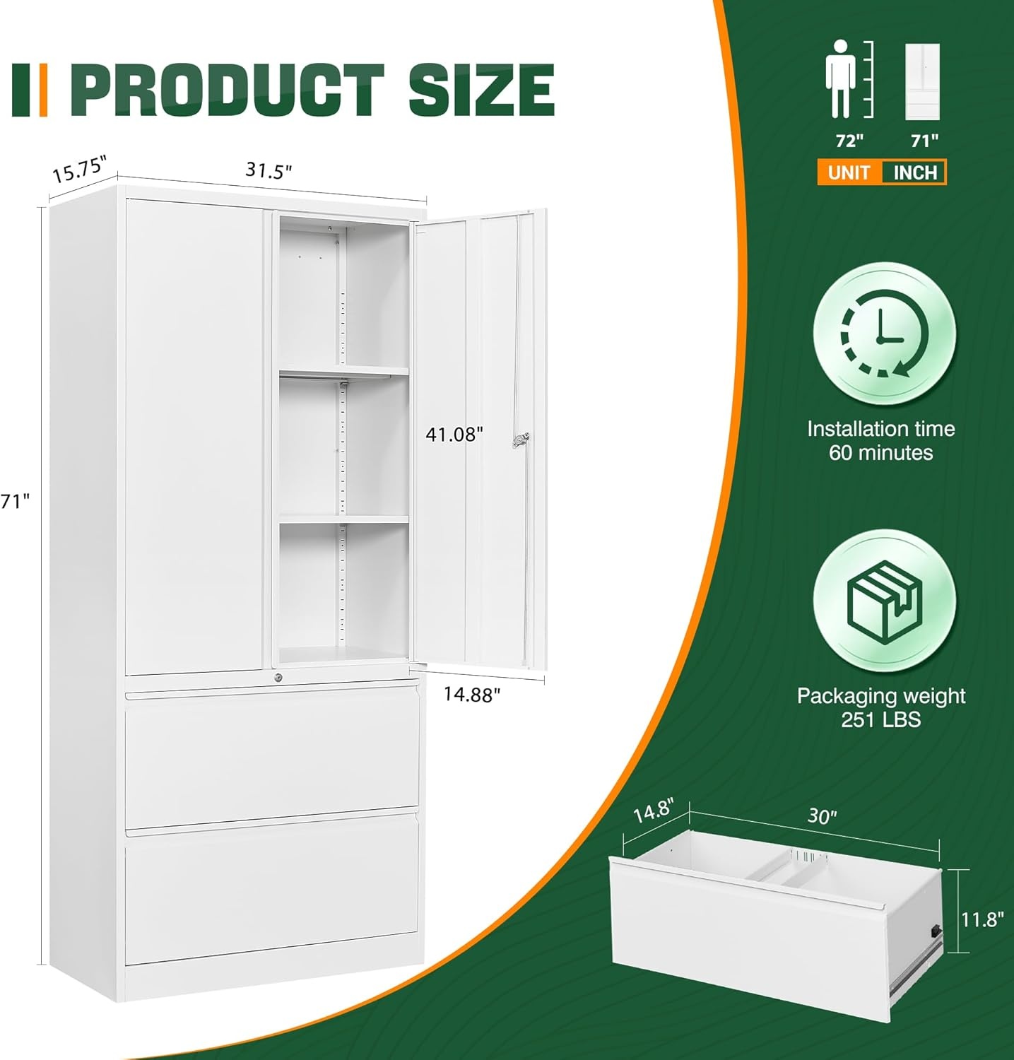 image:imageLetaya 3 Drawer Metal Storage Cabinets for Home OfficeFile Cabinet with Lock and 2 Adjust ShelvesHang Filing LegalLetterA4F4 SizeBlackWhite