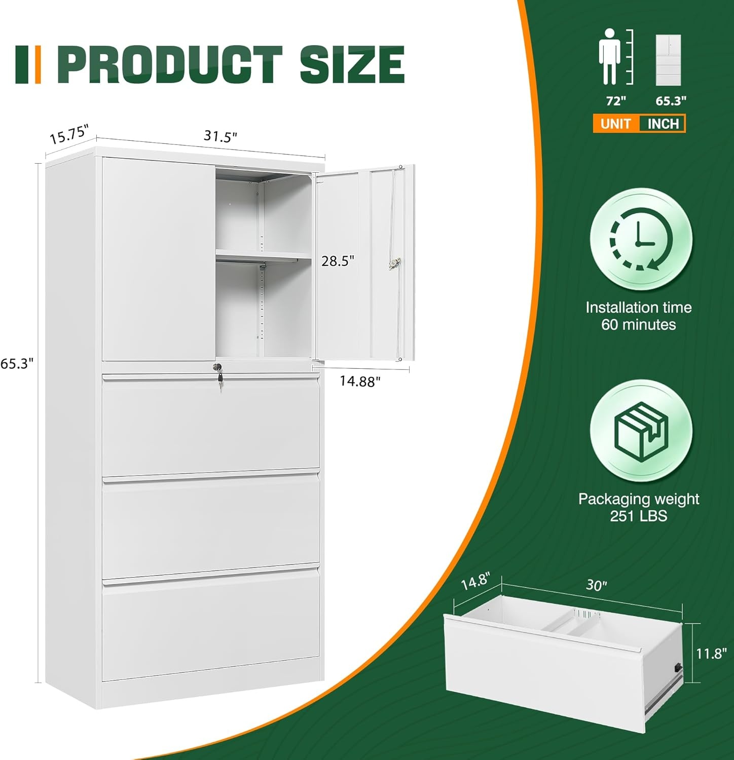 image:imageLetaya 3 Drawer Metal Storage Cabinets for Home OfficeFile Cabinet with Lock and 2 Adjust ShelvesHang Filing LegalLetterA4F4 SizeBlackWhite