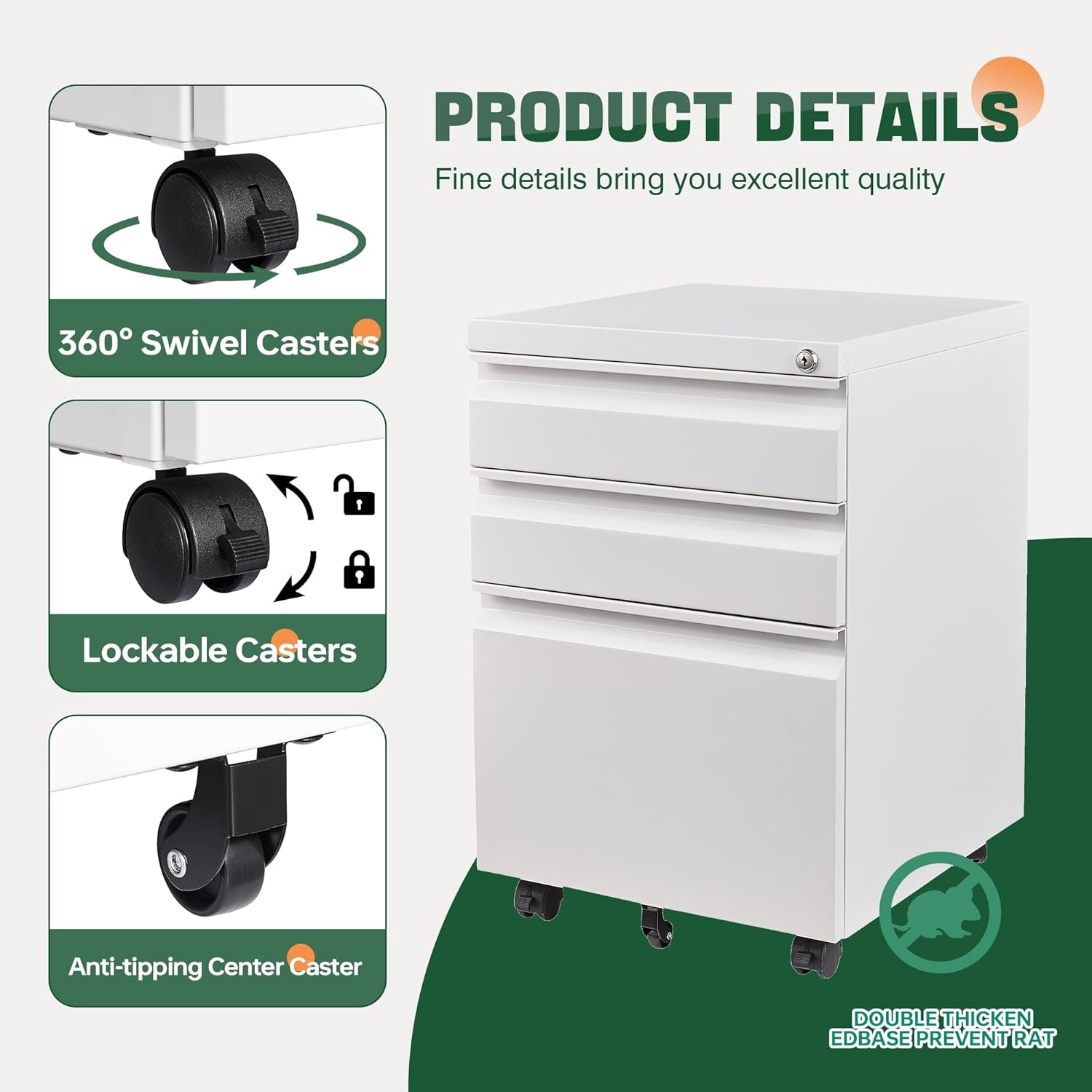 image:imageLetaya 3 Drawer Mobile File Cabinet with Lock Under Desk Metal Rolling Filing Cabinets for Home Office Organizer LettersLegalA4 White Requires Installation WhiteWhite