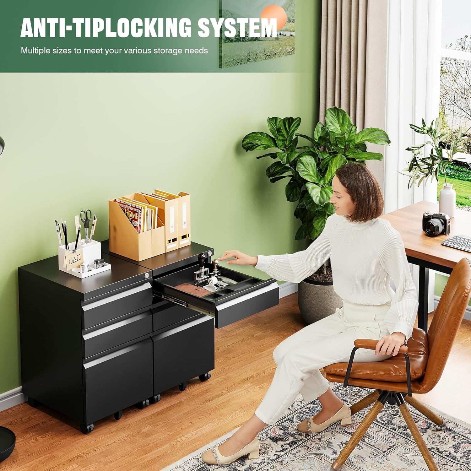 image:imageLetaya 3 Drawer Mobile File Cabinet with Lock Under Desk Metal Rolling Filing Cabinets for Home Office Organizer LettersLegalA4 White Requires Installation WhiteBlack