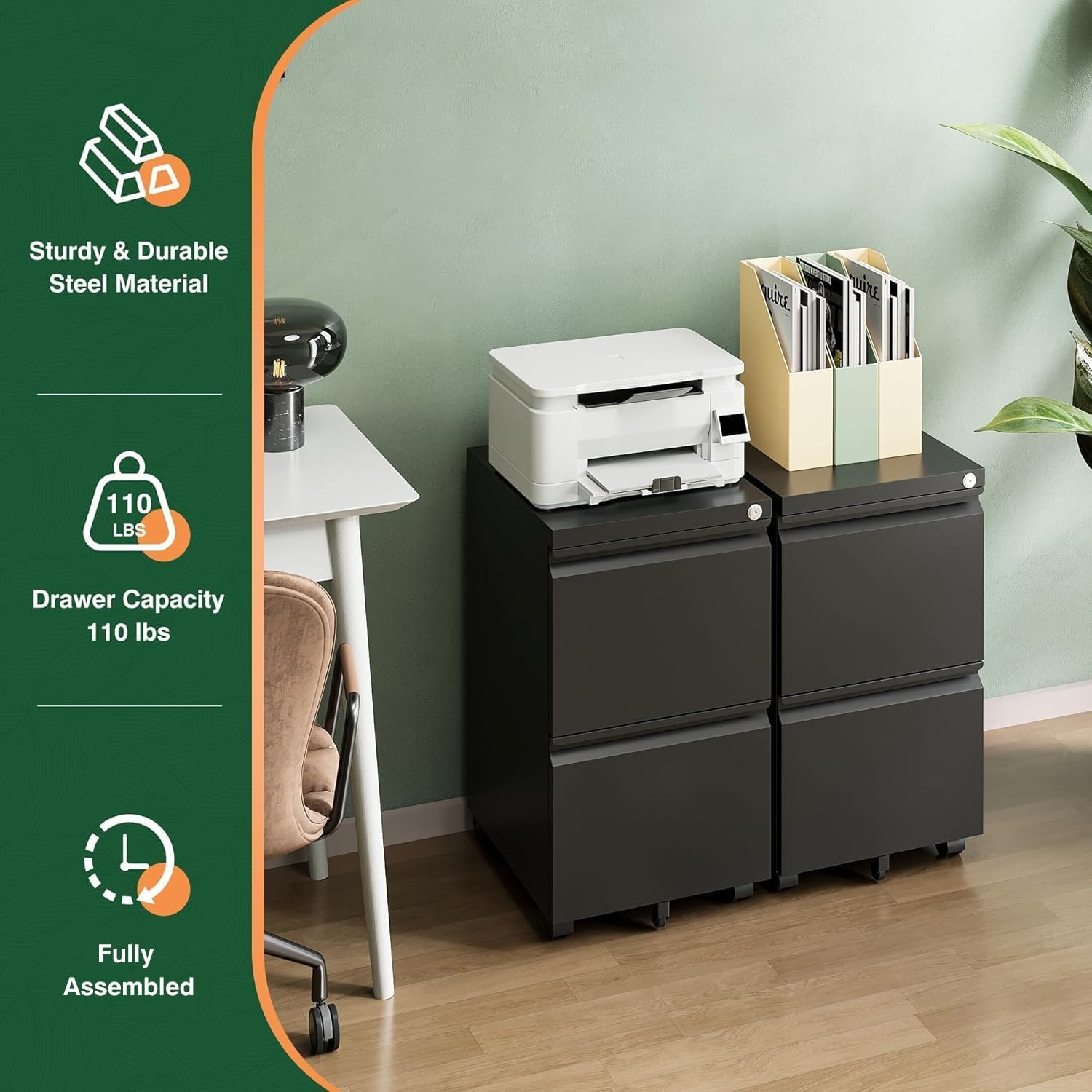 image:imageLetaya 3 Drawer Mobile File Cabinet with Lock Under Desk Metal Rolling Filing Cabinets for Home Office Organizer LettersLegalA4 White Requires Installation WhiteBlack