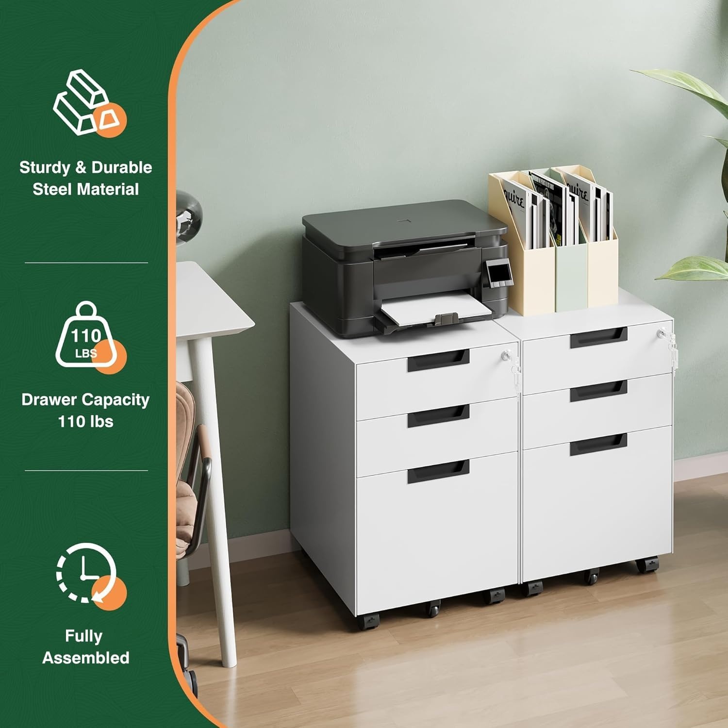 image:imageLetaya 3 Drawer Mobile File Cabinet with Lock Under Desk Metal Rolling Filing Cabinets for Home Office Organizer LettersLegalA4 White Requires Installation WhiteWhite