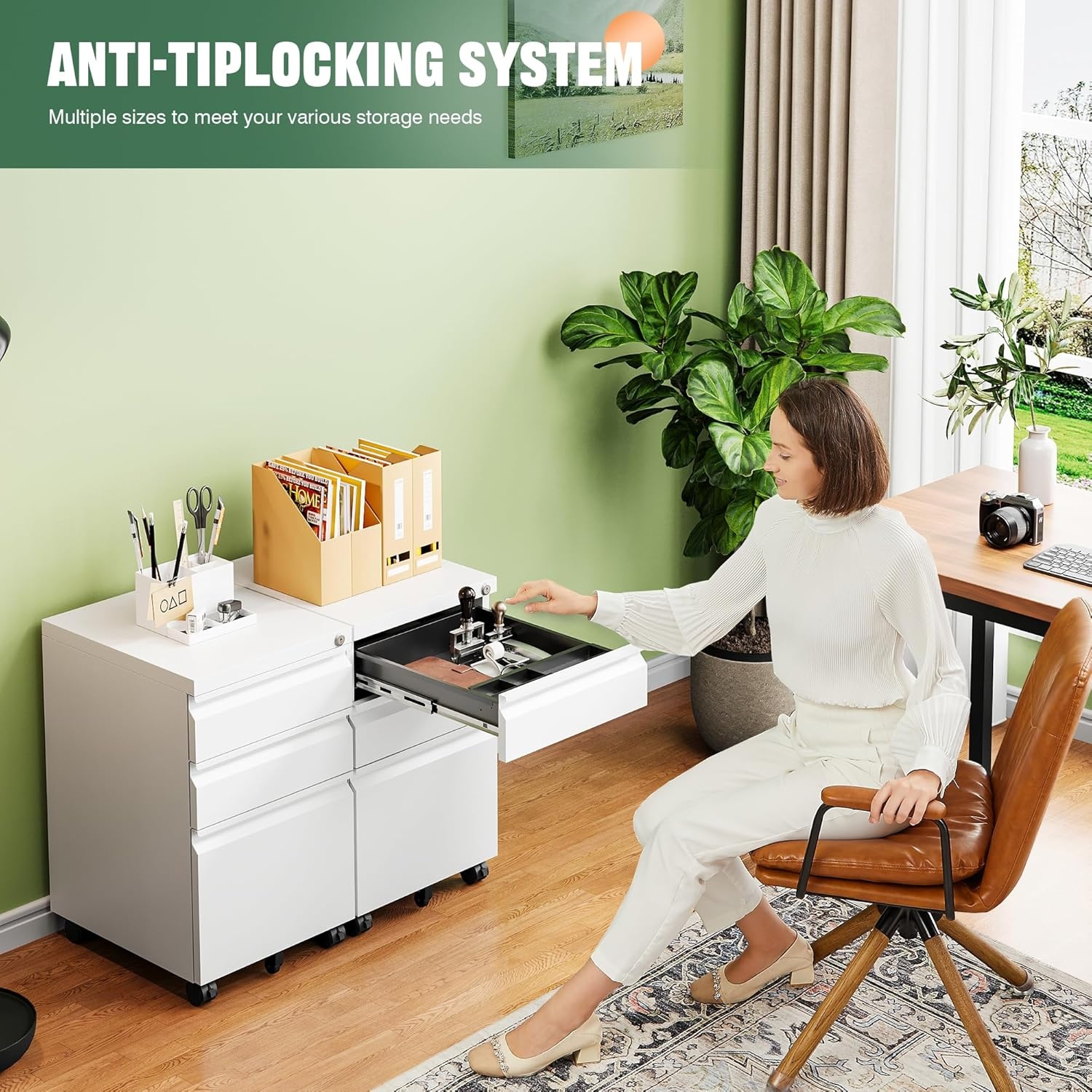 image:imageLetaya 3 Drawer Mobile File Cabinet with Lock Under Desk Metal Rolling Filing Cabinets for Home Office Organizer LettersLegalA4 White Requires Installation WhiteWhite