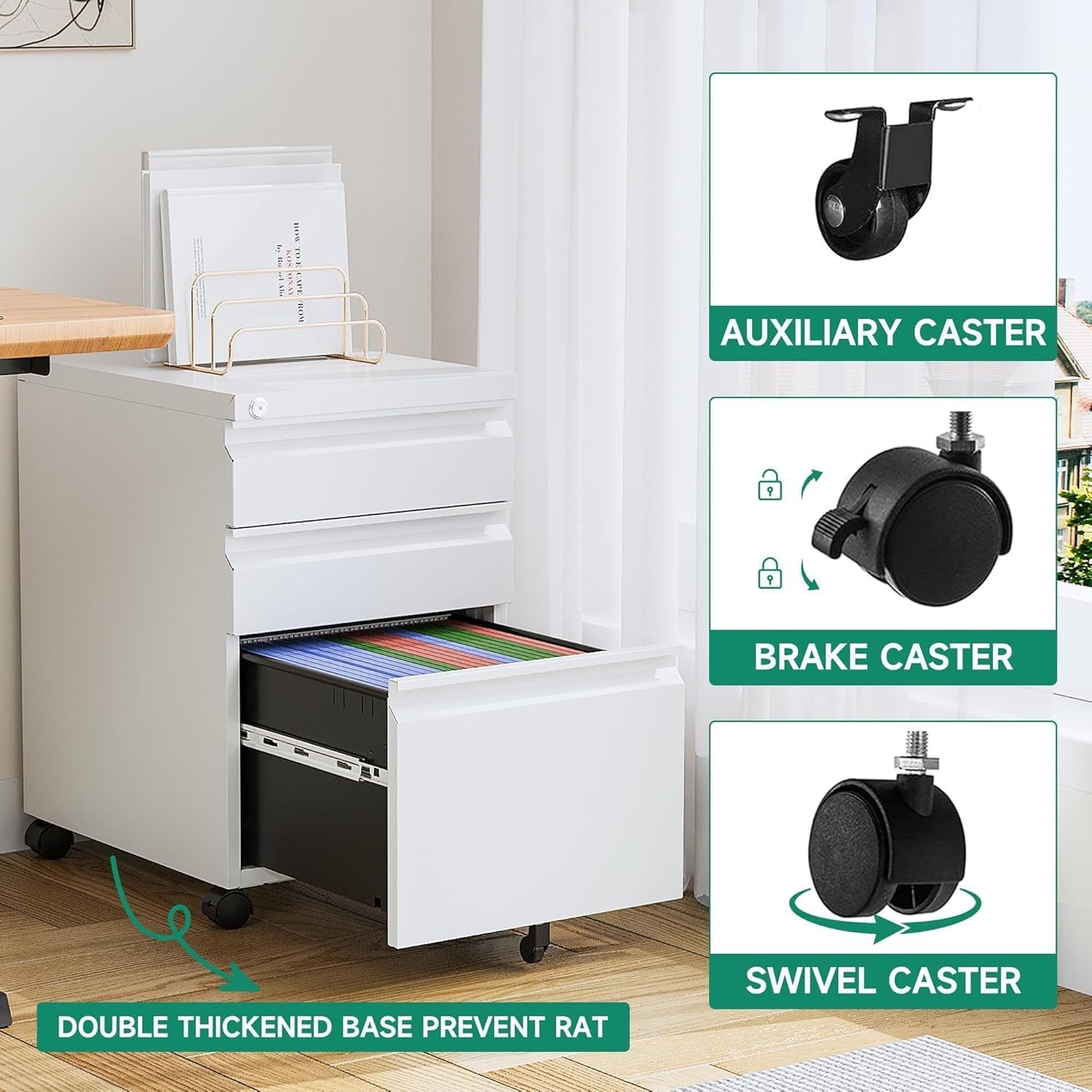 image:imageLetaya 3 Drawer Mobile File Cabinet with Lock Under Desk Metal Rolling Filing Cabinets for Home Office Organizer LettersLegalA4 White Requires Installation WhiteWhite