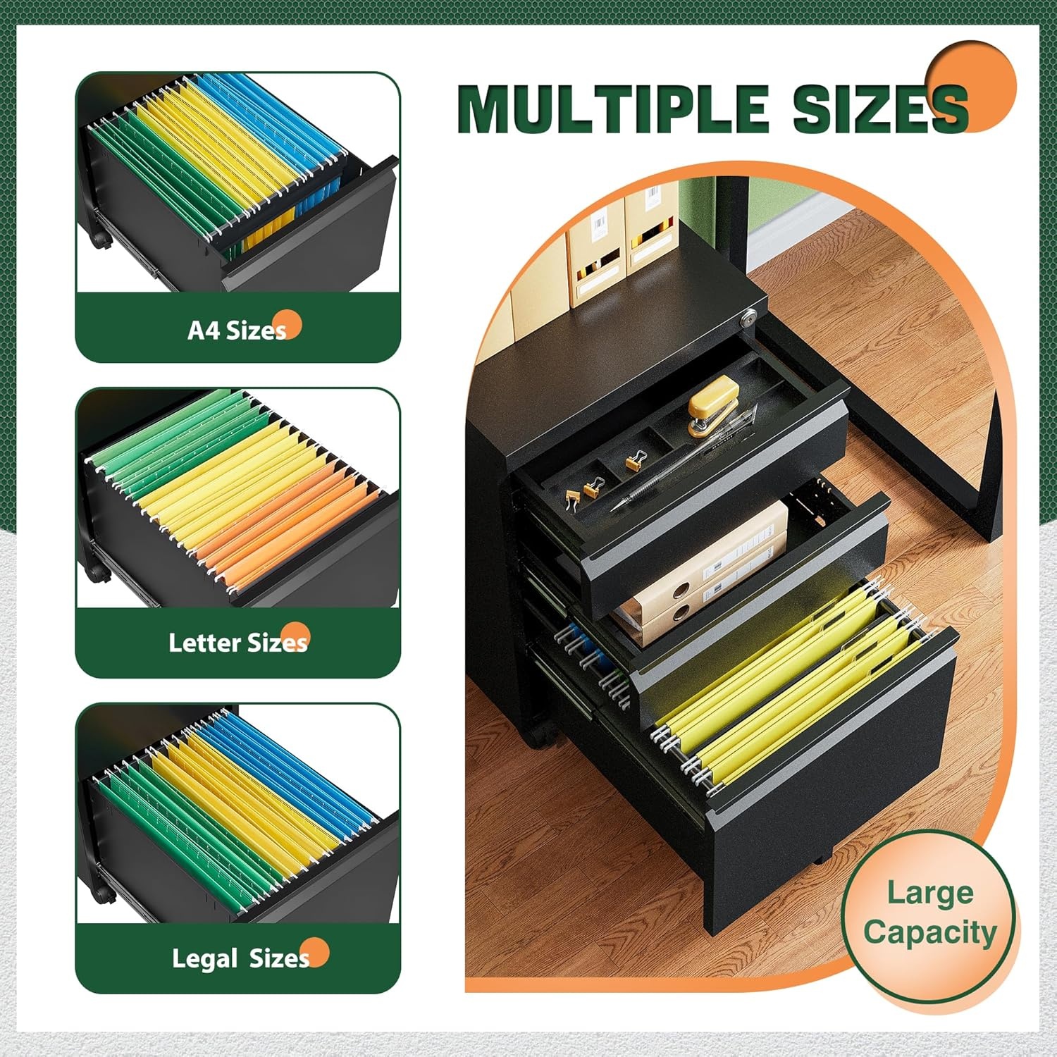 image:imageLetaya 3 Drawer Mobile File Cabinet with Lock Under Desk Metal Rolling Filing Cabinets for Home Office Organizer LettersLegalA4 White Requires Installation WhiteBlack