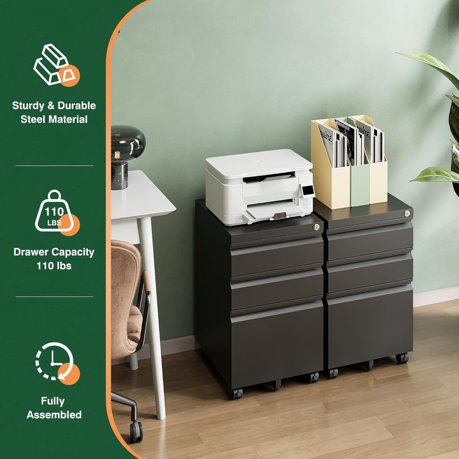 image:imageLetaya 3 Drawer Mobile File Cabinet with Lock Under Desk Metal Rolling Filing Cabinets for Home Office Organizer LettersLegalA4 White Requires Installation WhiteBlack