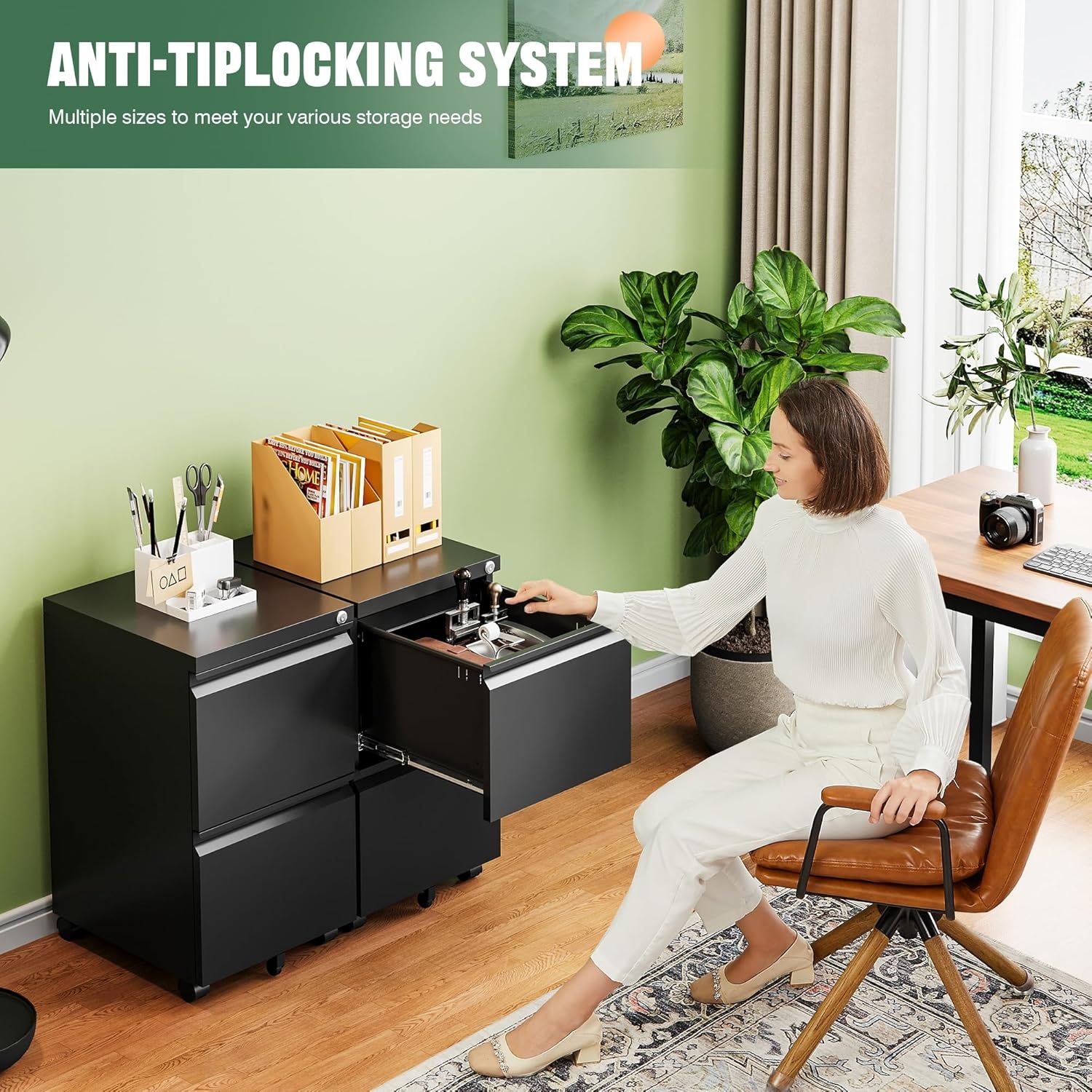image:imageLetaya 3 Drawer Mobile File Cabinet with LockUnder Desk Metal Small Filing Cabinets for Home Office Organizer LettersLegalA4Fully Assembled Except WheelsBlackBlack
