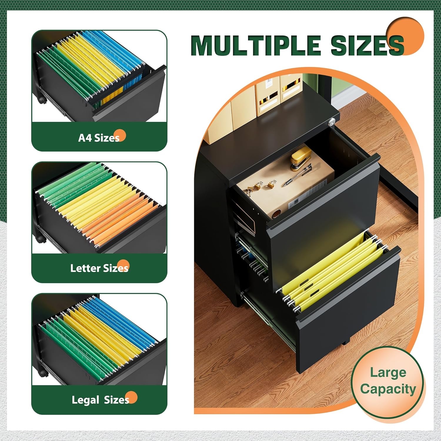 image:imageLetaya 3 Drawer Mobile File Cabinet with LockUnder Desk Metal Small Filing Cabinets for Home Office Organizer LettersLegalA4Fully Assembled Except WheelsBlackBlack
