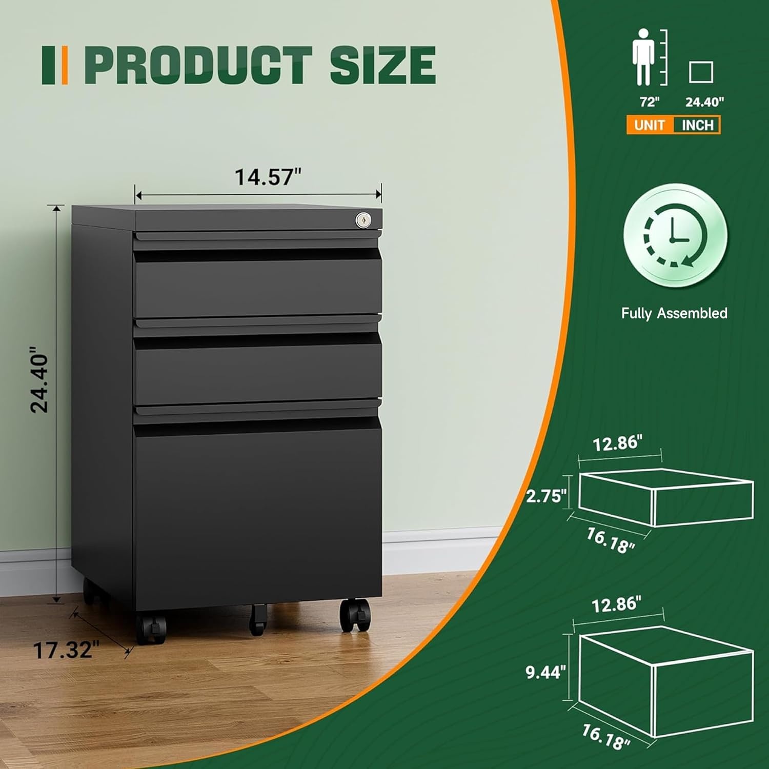 image:imageLetaya 3 Drawer Mobile File Cabinet with LockUnder Desk Metal Small Filing Cabinets for Home Office Organizer LettersLegalA4Fully Assembled Except WheelsBlackBlack