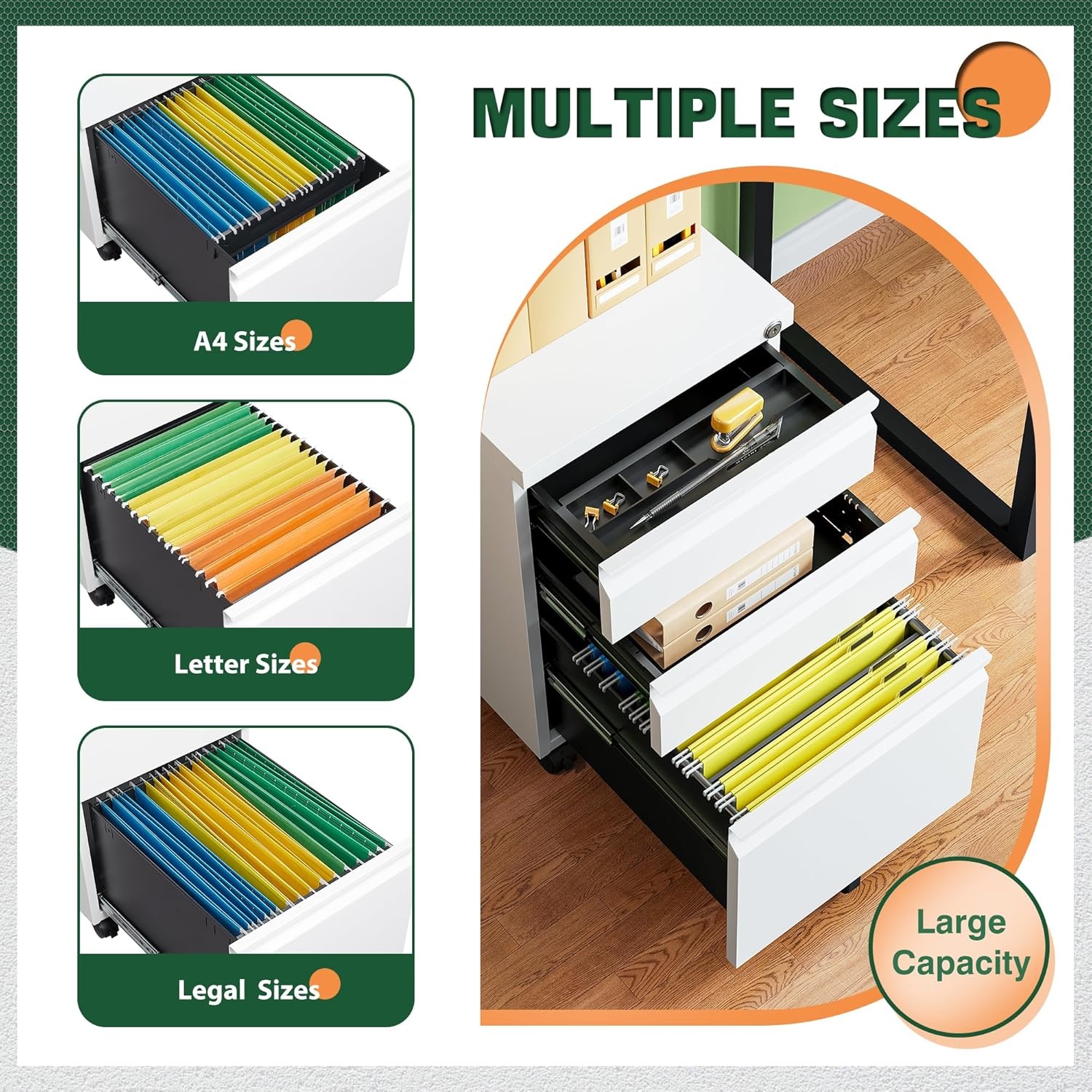 image:imageLetaya 3 Drawer Mobile File Cabinet with LockUnder Desk Metal Small Filing Cabinets for Home Office Organizer LettersLegalA4Fully Assembled Except WheelsBlackWhite