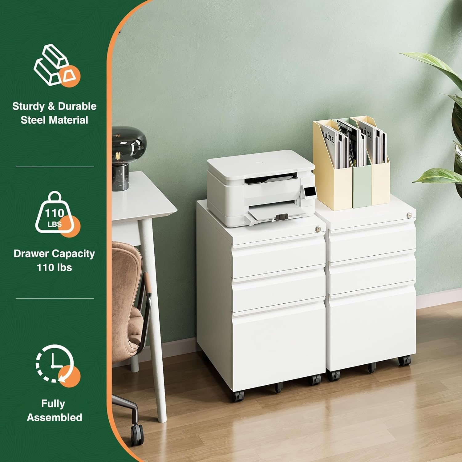 image:imageLetaya 3 Drawer Mobile File Cabinet with LockUnder Desk Metal Small Filing Cabinets for Home Office Organizer LettersLegalA4Fully Assembled Except WheelsBlackWhite