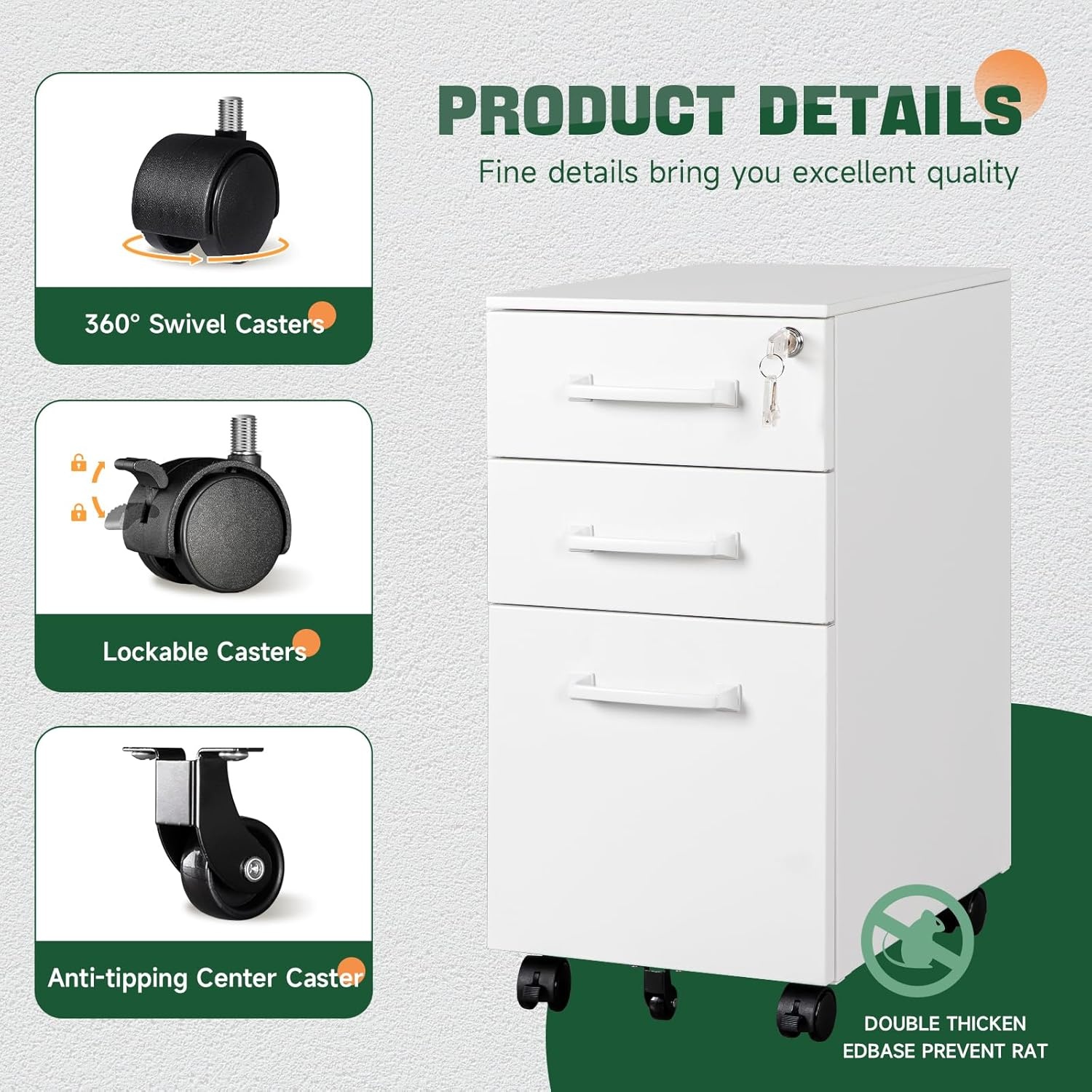 image:imageLetaya File Cabinet 3 Drawer Filing Cabinets for Home Office with Lock Mobile Under Desk Fully Assembled Cabinet WhiteWhite