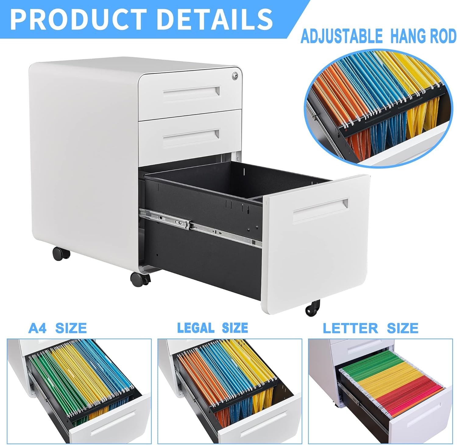 image:imageLetaya File Cabinet 3 Drawer Filing Cabinets for Home Office with Lock Mobile Under Desk Fully Assembled Cabinet WhiteWhite