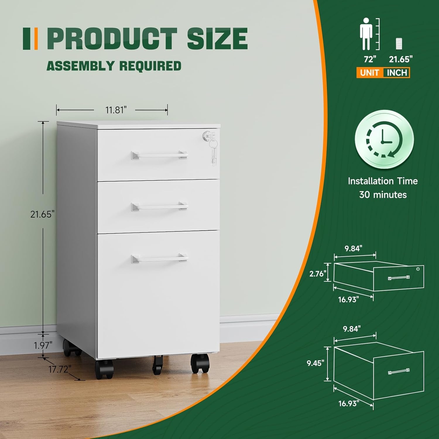 image:imageLetaya File Cabinet 3 Drawer Filing Cabinets for Home Office with Lock Mobile Under Desk Fully Assembled Cabinet WhiteWhite