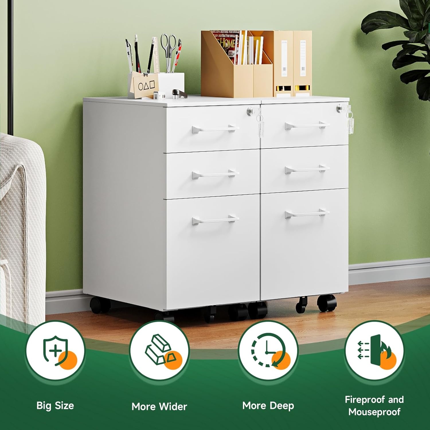 image:imageLetaya File Cabinet 3 Drawer Filing Cabinets for Home Office with Lock Mobile Under Desk Fully Assembled Cabinet WhiteWhite