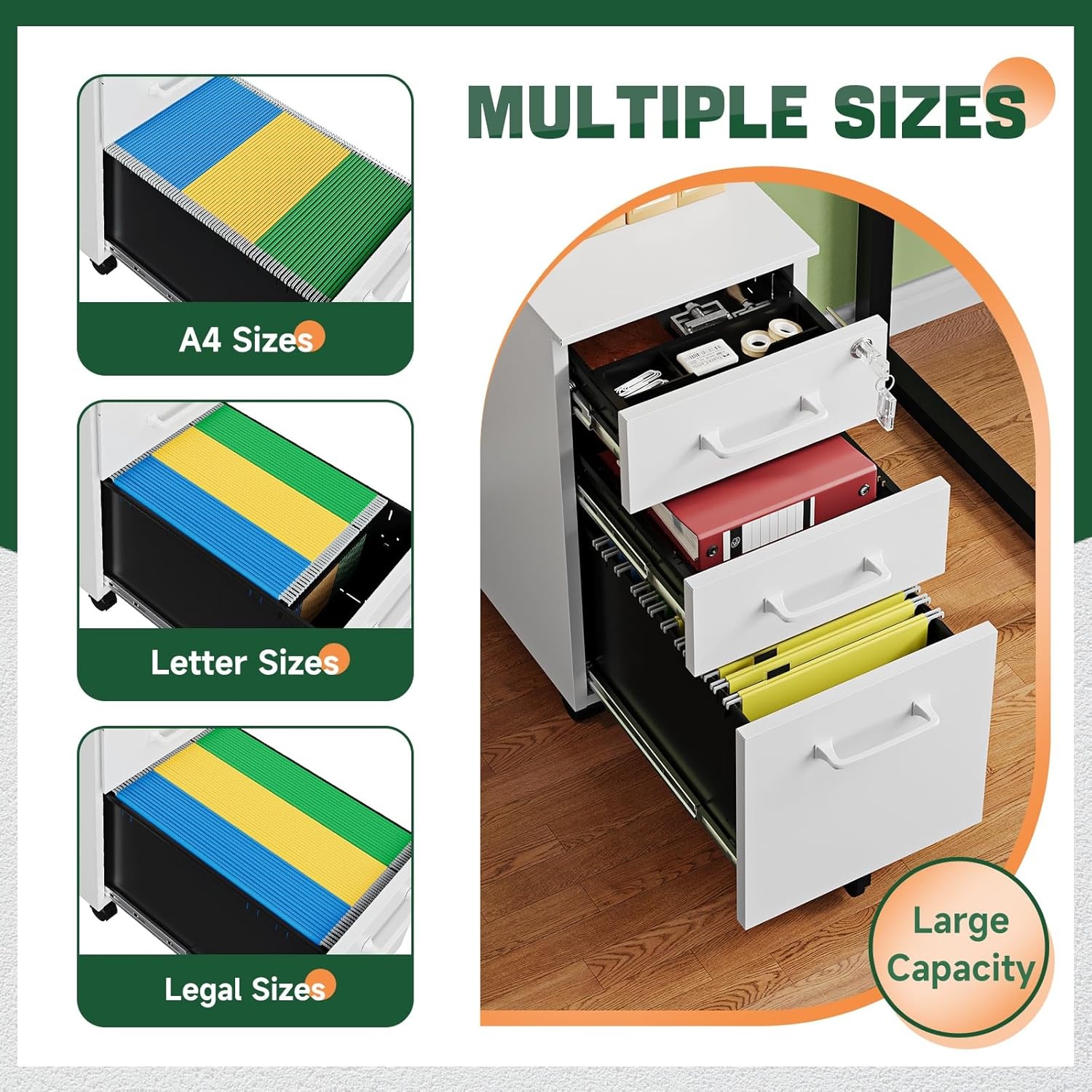 image:imageLetaya File Cabinet 3 Drawer Filing Cabinets for Home Office with Lock Mobile Under Desk Fully Assembled Cabinet WhiteWhite