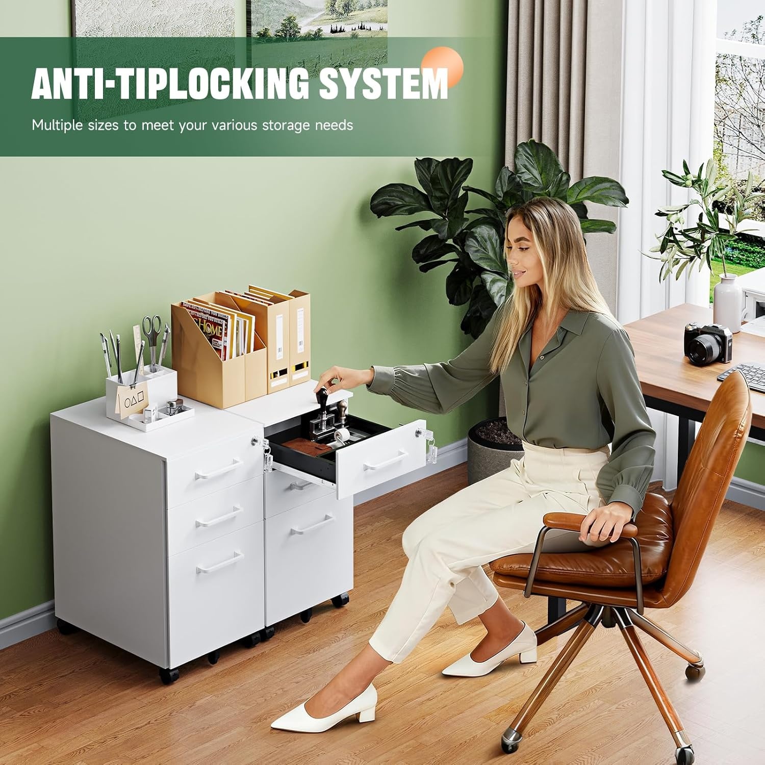 image:imageLetaya File Cabinet 3 Drawer Filing Cabinets for Home Office with Lock Mobile Under Desk Fully Assembled Cabinet WhiteWhite