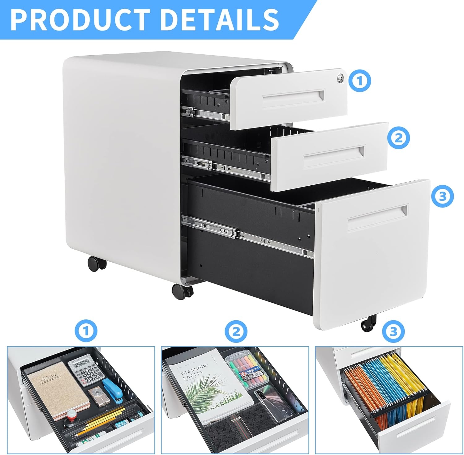 image:imageLetaya File Cabinet 3 Drawer Filing Cabinets for Home Office with Lock Mobile Under Desk Fully Assembled Cabinet WhiteWhite