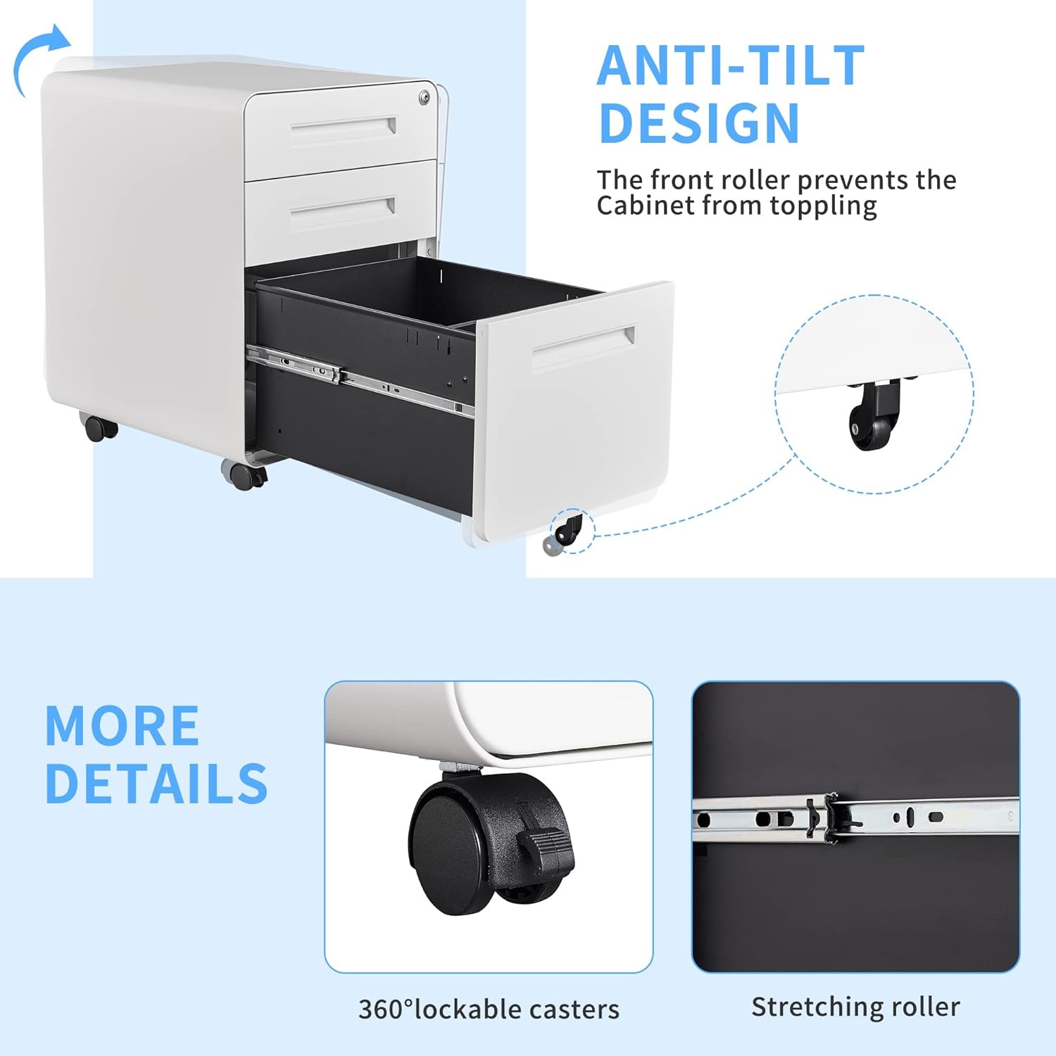 image:imageLetaya File Cabinet 3 Drawer Filing Cabinets for Home Office with Lock Mobile Under Desk Fully Assembled Cabinet WhiteWhite