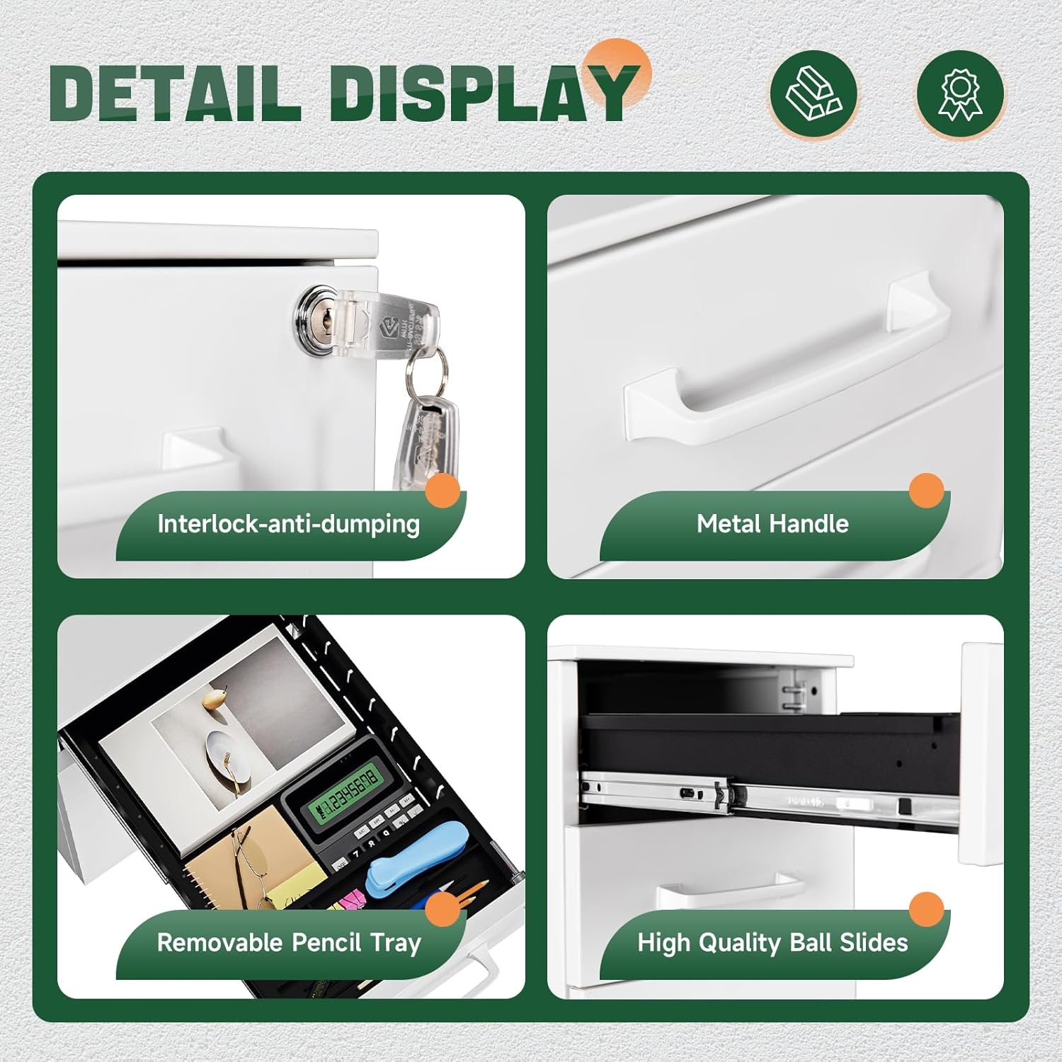image:imageLetaya File Cabinet 3 Drawer Filing Cabinets for Home Office with Lock Mobile Under Desk Fully Assembled Cabinet WhiteWhite
