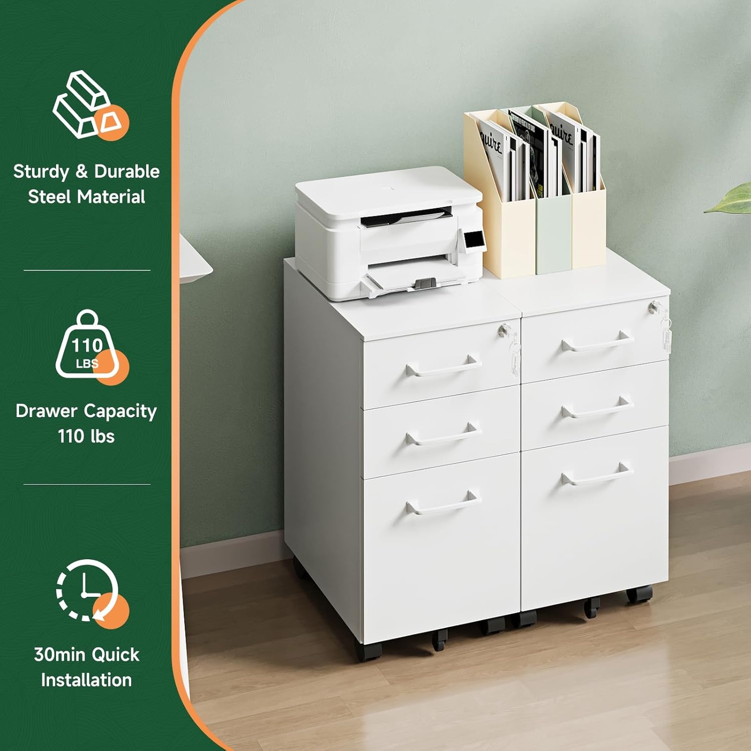 image:imageLetaya File Cabinet 3 Drawer Filing Cabinets for Home Office with Lock Mobile Under Desk Fully Assembled Cabinet WhiteWhite