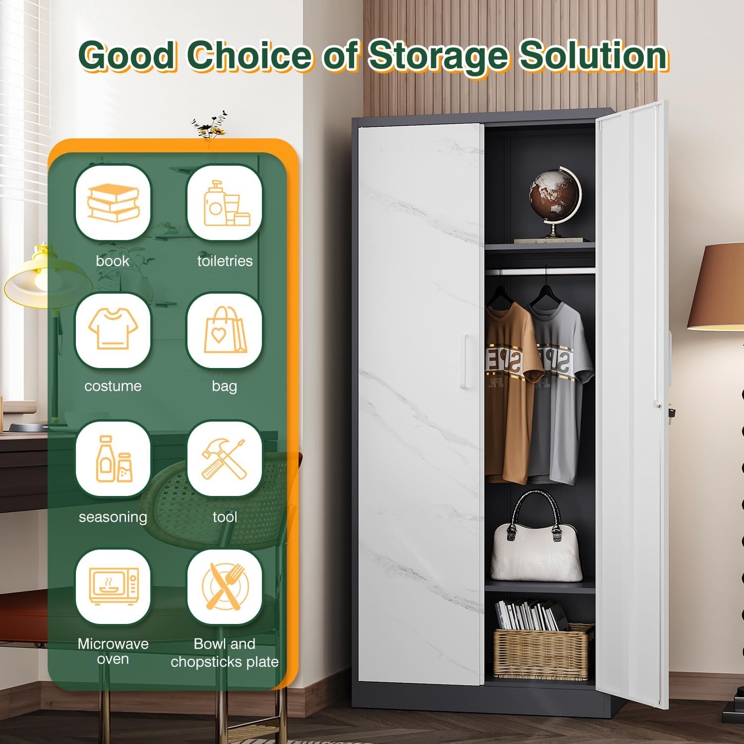 image:imageLetaya Metal Armoire Wardrobe Closet with 2 Drawers18 Deep Clothing Storage Cabinet with Doors and ShelvesCoat Closet with Hanging RodBedroomHomeCloak RoomWhiteGray White