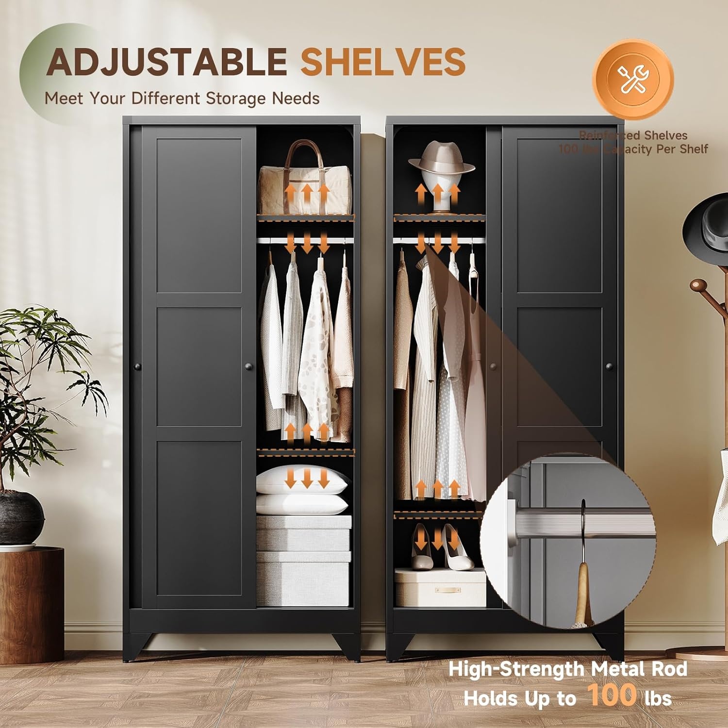 image:imageLetaya Metal Armoire Wardrobe Closet with 2 Drawers18 Deep Clothing Storage Cabinet with Doors and ShelvesCoat Closet with Hanging RodBedroomHomeCloak RoomWhiteBlack