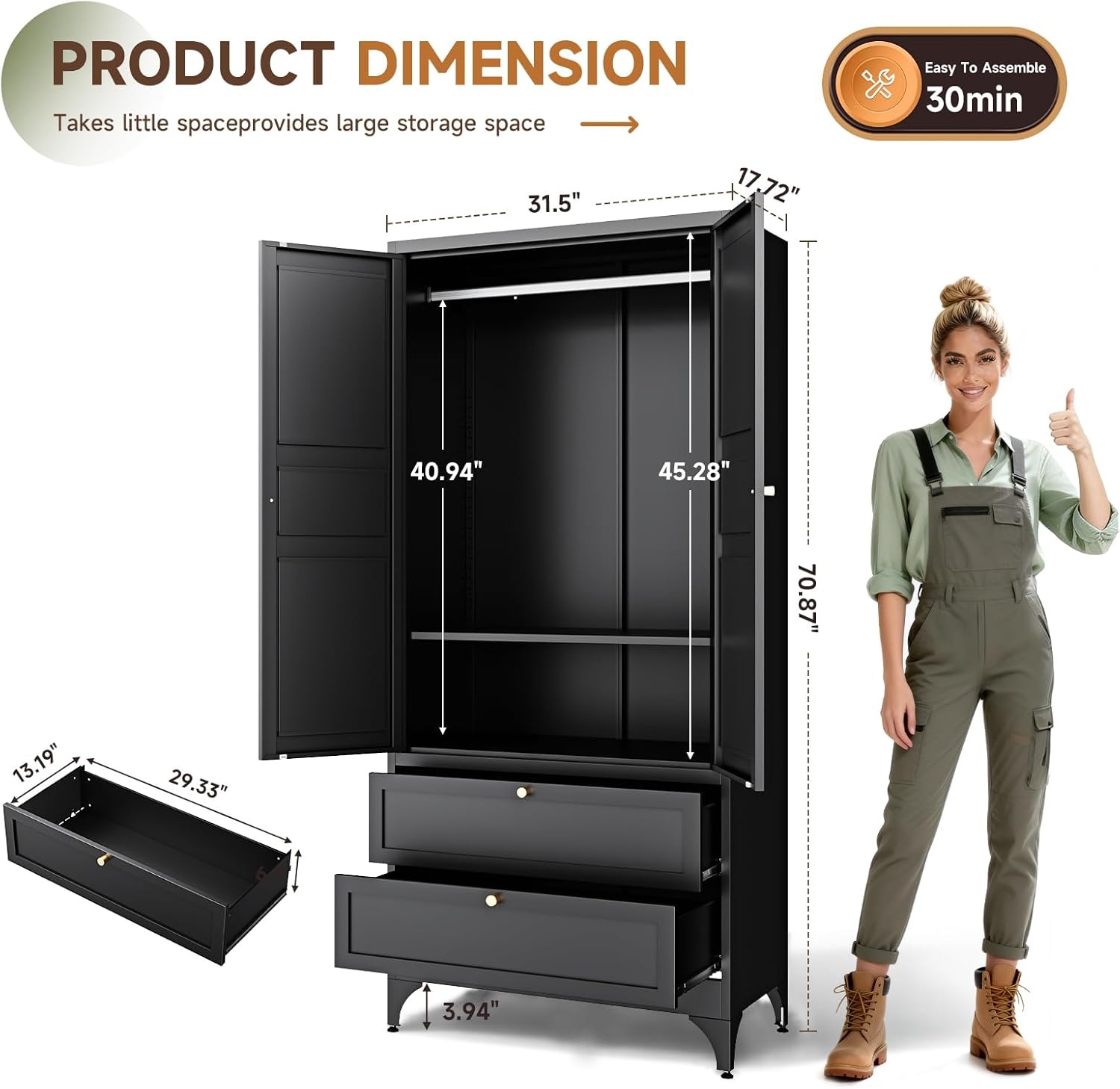 image:imageLetaya Metal Armoire Wardrobe Closet with 2 Drawers18 Deep Clothing Storage Cabinet with Doors and ShelvesCoat Closet with Hanging RodBedroomHomeCloak RoomWhiteBlack