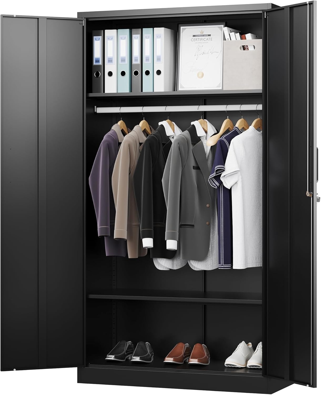 image:imageLetaya Metal Armoire Wardrobe Closet with 2 Drawers18 Deep Clothing Storage Cabinet with Doors and ShelvesCoat Closet with Hanging RodBedroomHomeCloak RoomWhiteBlack