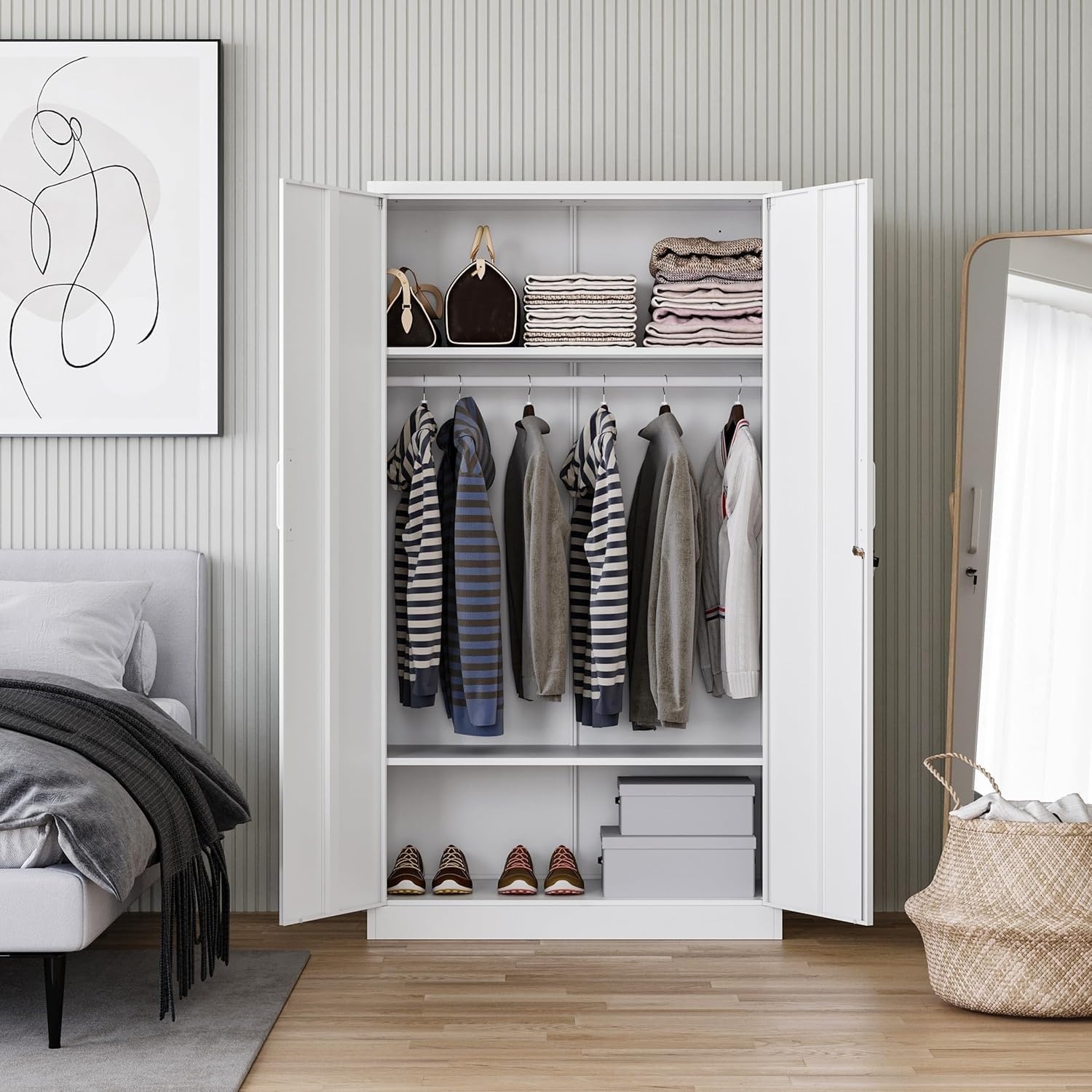image:imageLetaya Metal Armoire Wardrobe Closet with 2 Drawers18 Deep Clothing Storage Cabinet with Doors and ShelvesCoat Closet with Hanging RodBedroomHomeCloak RoomWhiteWhite