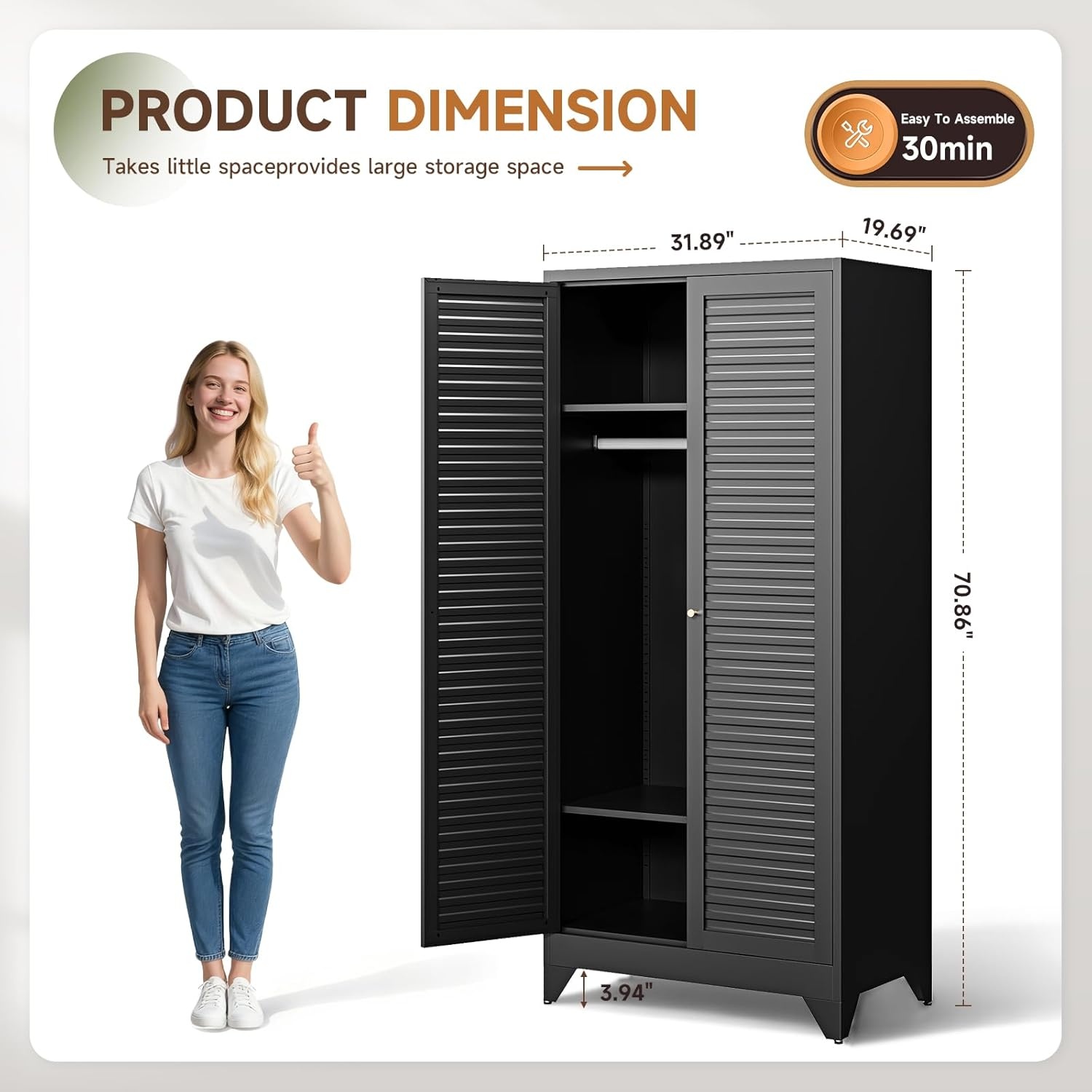 image:imageLetaya Metal Armoire Wardrobe Closet with 2 Drawers18 Deep Clothing Storage Cabinet with Doors and ShelvesCoat Closet with Hanging RodBedroomHomeCloak RoomWhiteBlack