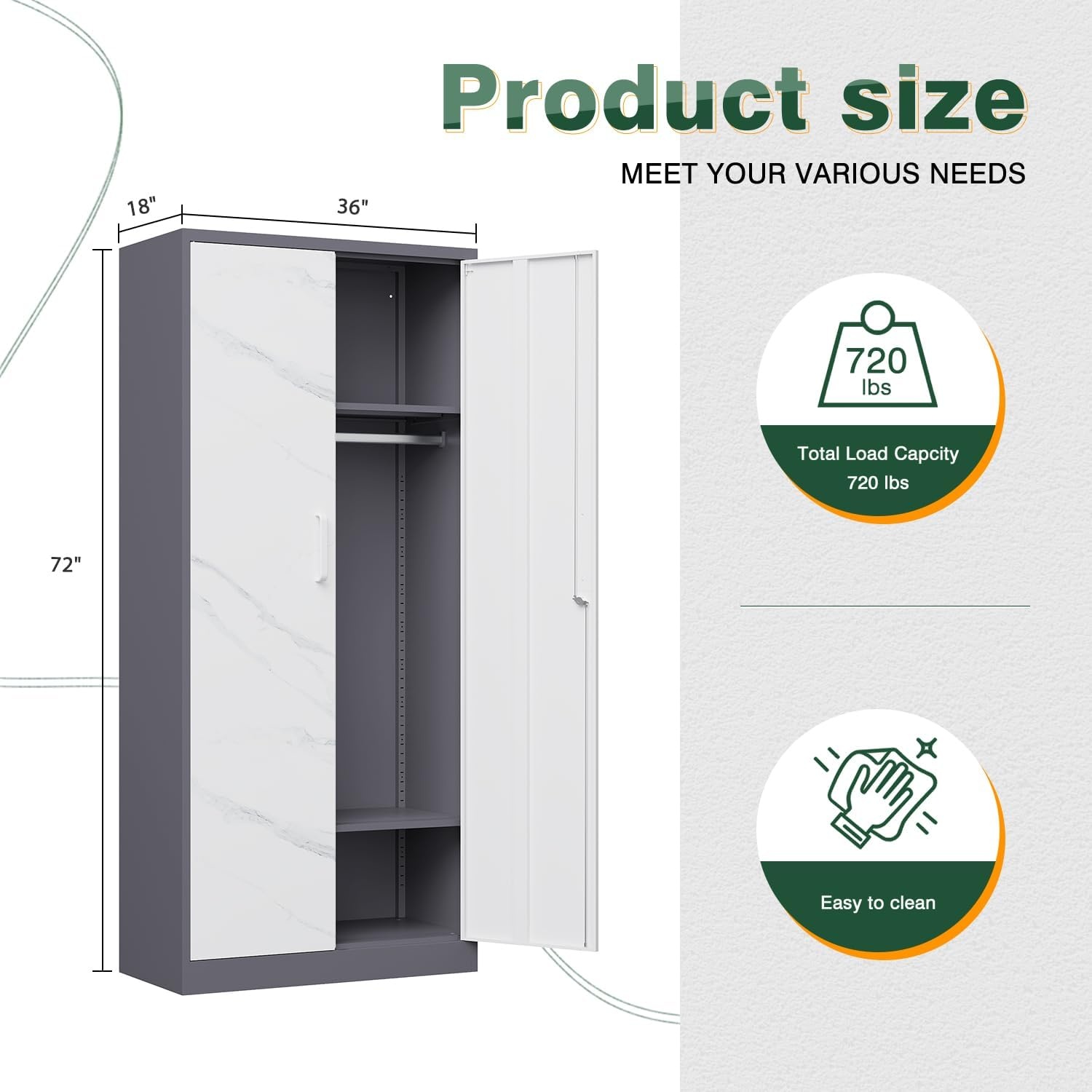 image:imageLetaya Metal Armoire Wardrobe Closet with 2 Drawers18 Deep Clothing Storage Cabinet with Doors and ShelvesCoat Closet with Hanging RodBedroomHomeCloak RoomWhiteGray White