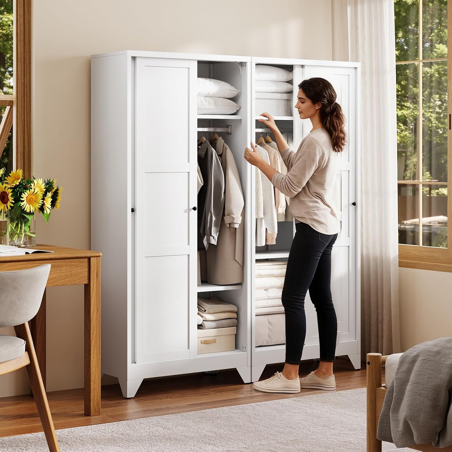 image:imageLetaya Metal Armoire Wardrobe Closet with 2 Drawers18 Deep Clothing Storage Cabinet with Doors and ShelvesCoat Closet with Hanging RodBedroomHomeCloak RoomWhiteWhite