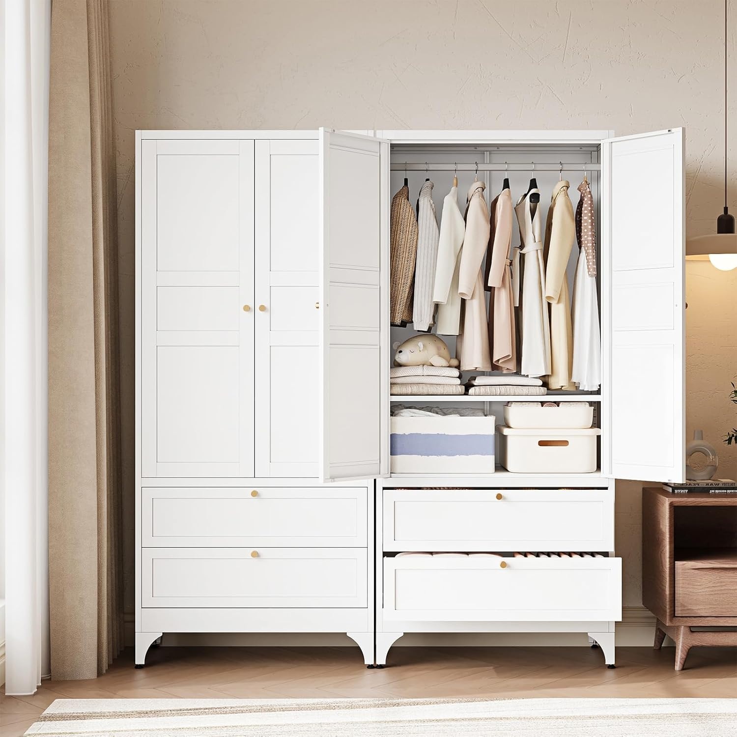 image:imageLetaya Metal Armoire Wardrobe Closet with 2 Drawers18 Deep Clothing Storage Cabinet with Doors and ShelvesCoat Closet with Hanging RodBedroomHomeCloak RoomWhiteWhite