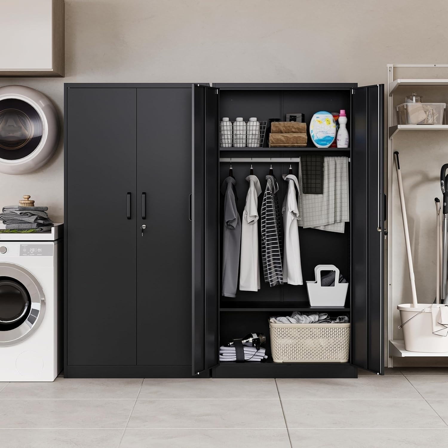 image:imageLetaya Metal Armoire Wardrobe Closet with 2 Drawers18 Deep Clothing Storage Cabinet with Doors and ShelvesCoat Closet with Hanging RodBedroomHomeCloak RoomWhiteBlack