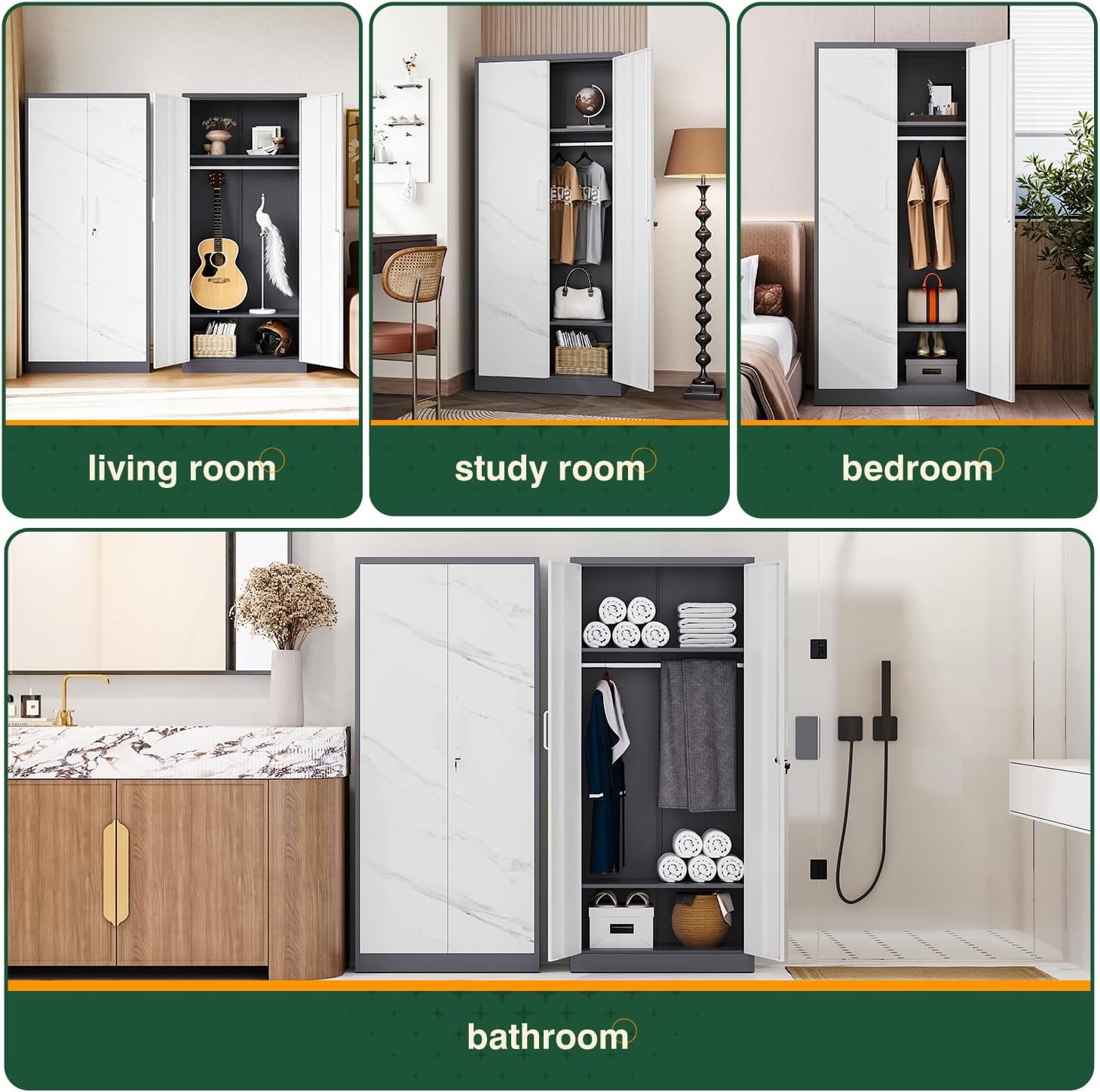 image:imageLetaya Metal Armoire Wardrobe Closet with 2 Drawers18 Deep Clothing Storage Cabinet with Doors and ShelvesCoat Closet with Hanging RodBedroomHomeCloak RoomWhiteGray White