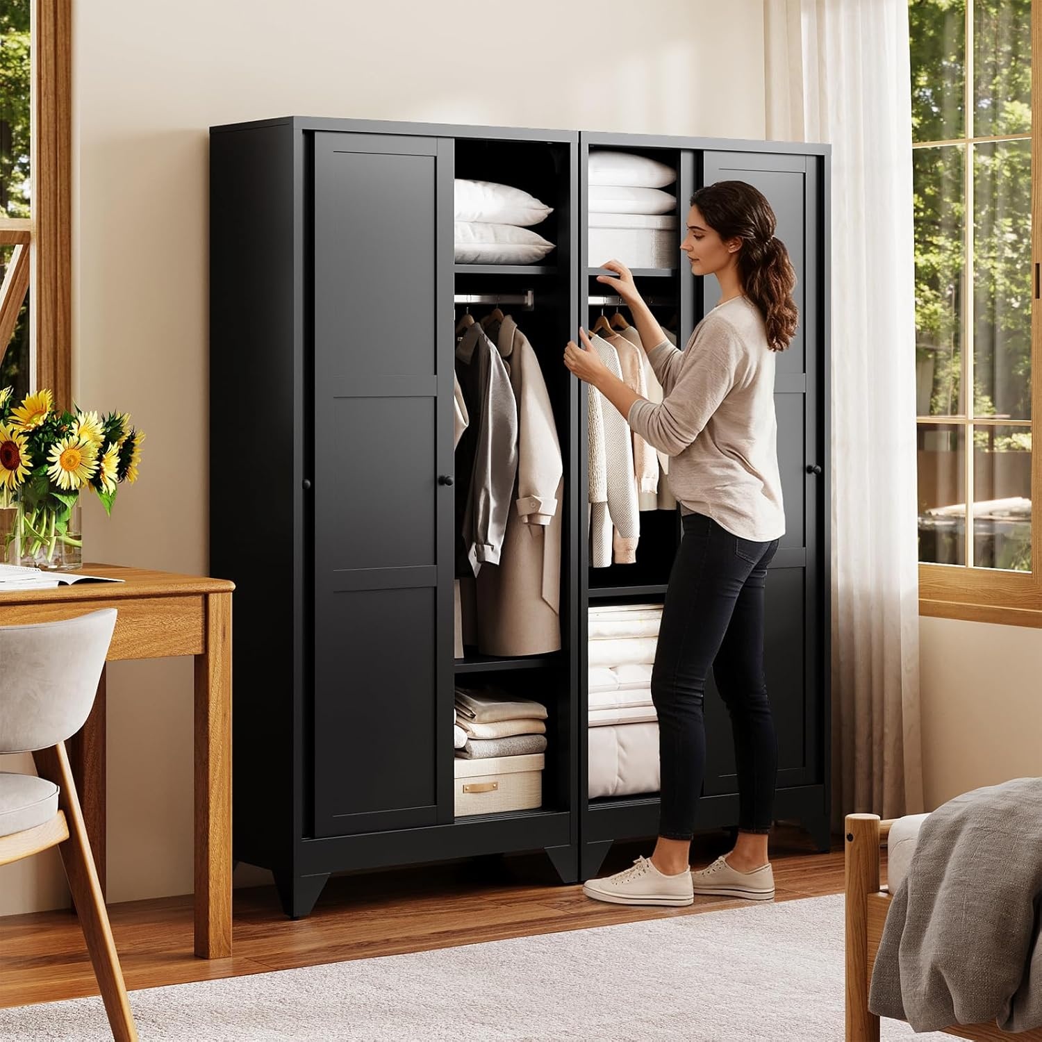 image:imageLetaya Metal Armoire Wardrobe Closet with 2 Drawers18 Deep Clothing Storage Cabinet with Doors and ShelvesCoat Closet with Hanging RodBedroomHomeCloak RoomWhiteBlack