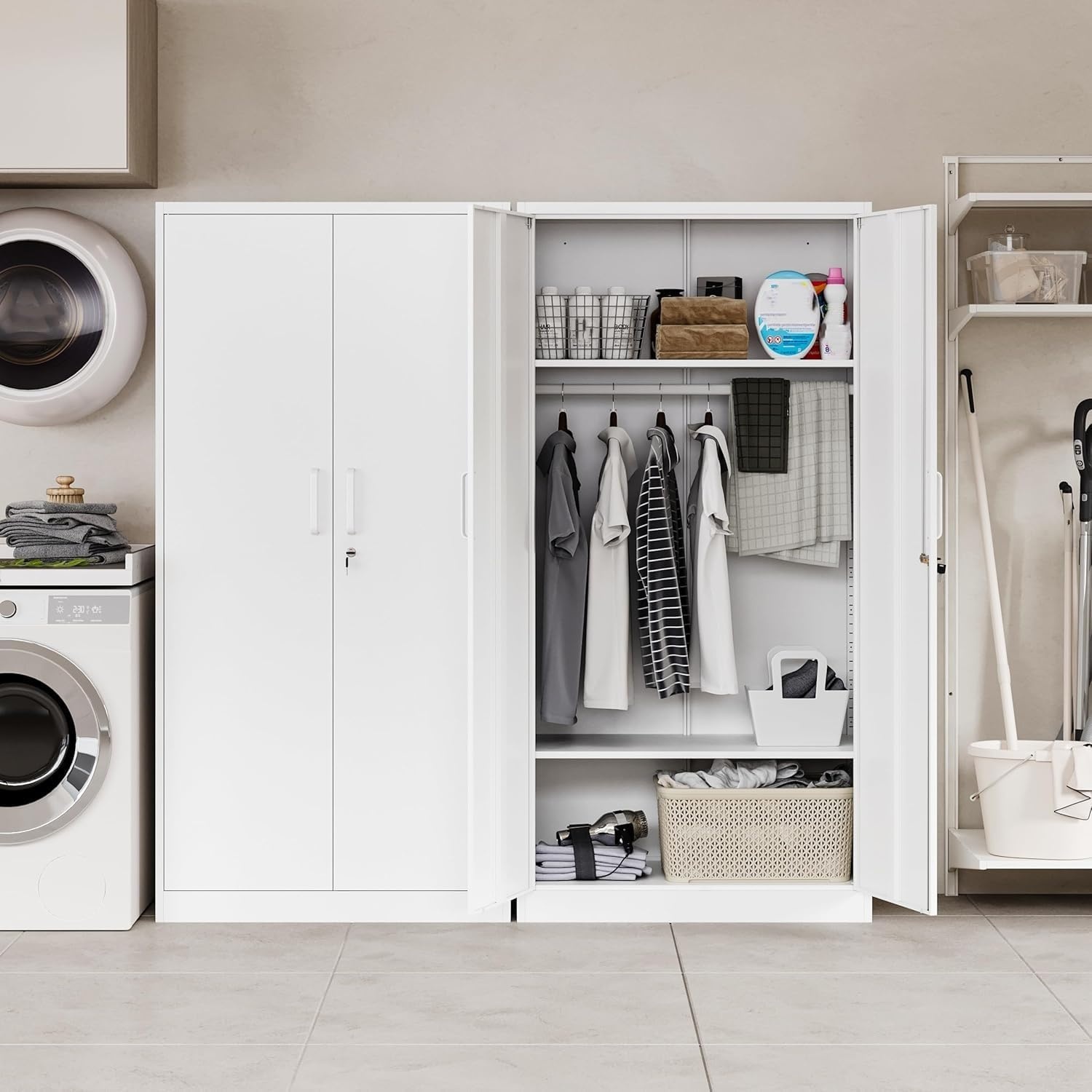 image:imageLetaya Metal Armoire Wardrobe Closet with 2 Drawers18 Deep Clothing Storage Cabinet with Doors and ShelvesCoat Closet with Hanging RodBedroomHomeCloak RoomWhiteWhite