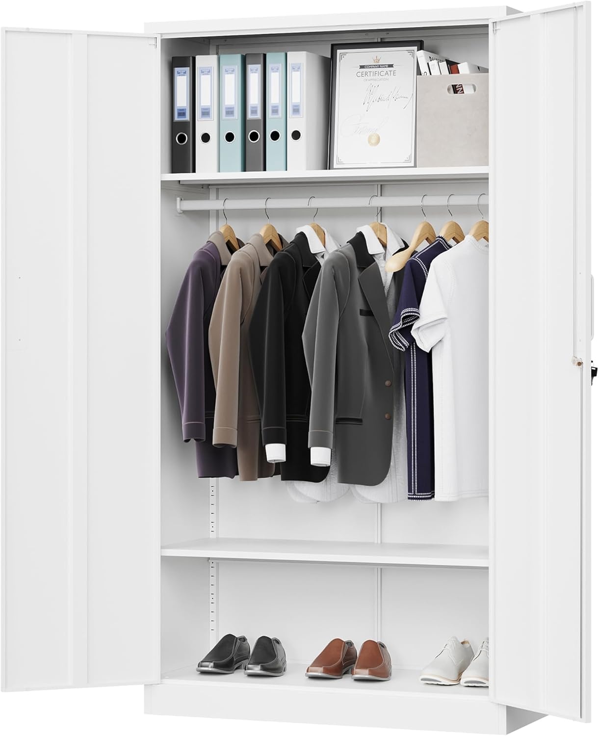 image:imageLetaya Metal Armoire Wardrobe Closet with 2 Drawers18 Deep Clothing Storage Cabinet with Doors and ShelvesCoat Closet with Hanging RodBedroomHomeCloak RoomWhiteWhite