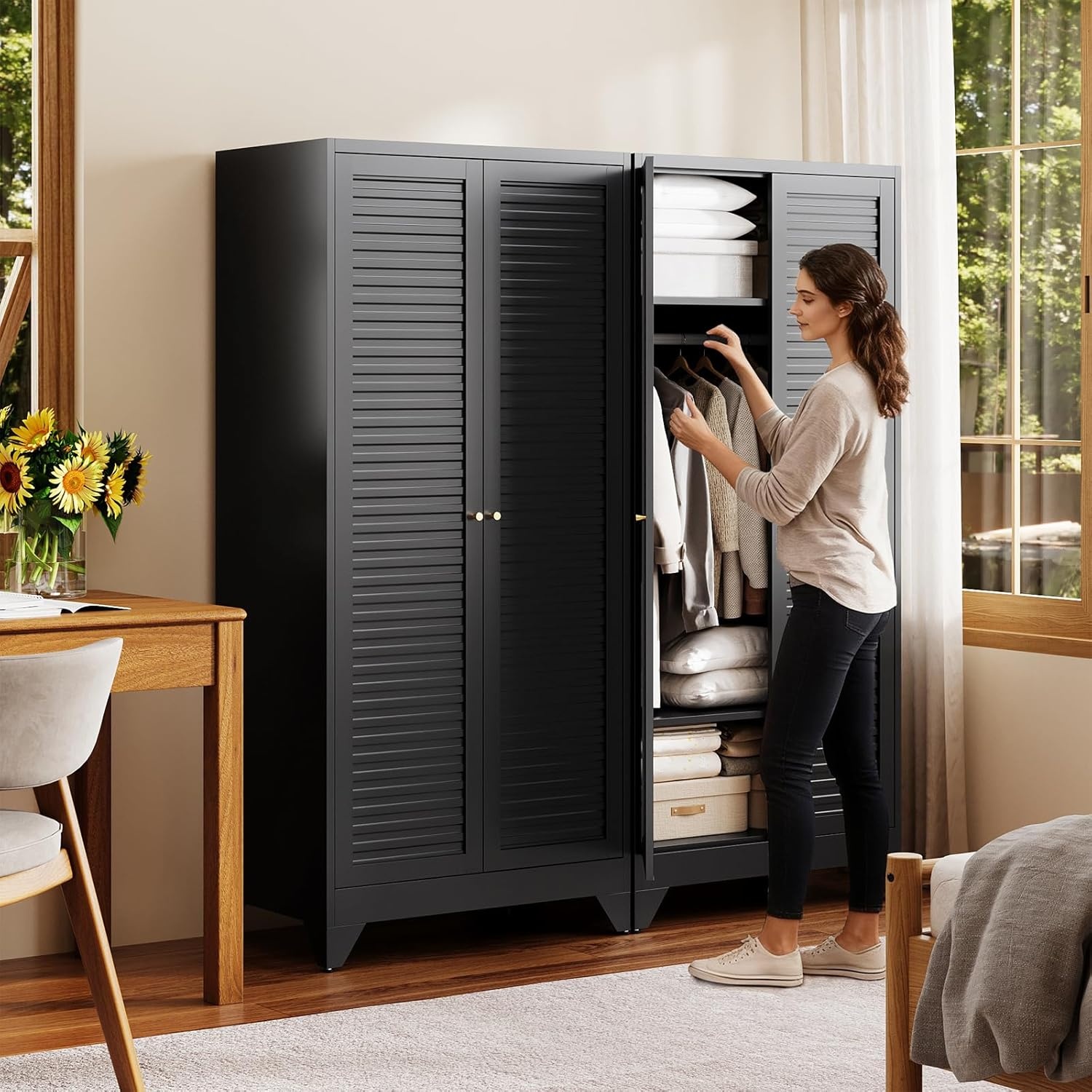 image:imageLetaya Metal Armoire Wardrobe Closet with 2 Drawers18 Deep Clothing Storage Cabinet with Doors and ShelvesCoat Closet with Hanging RodBedroomHomeCloak RoomWhiteBlack