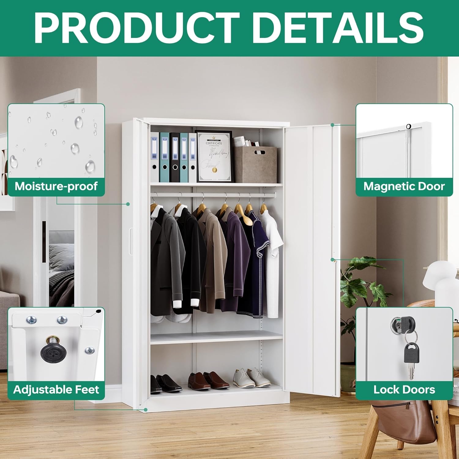 image:imageLetaya Metal Armoire Wardrobe Closet with 2 Drawers18 Deep Clothing Storage Cabinet with Doors and ShelvesCoat Closet with Hanging RodBedroomHomeCloak RoomWhiteWhite