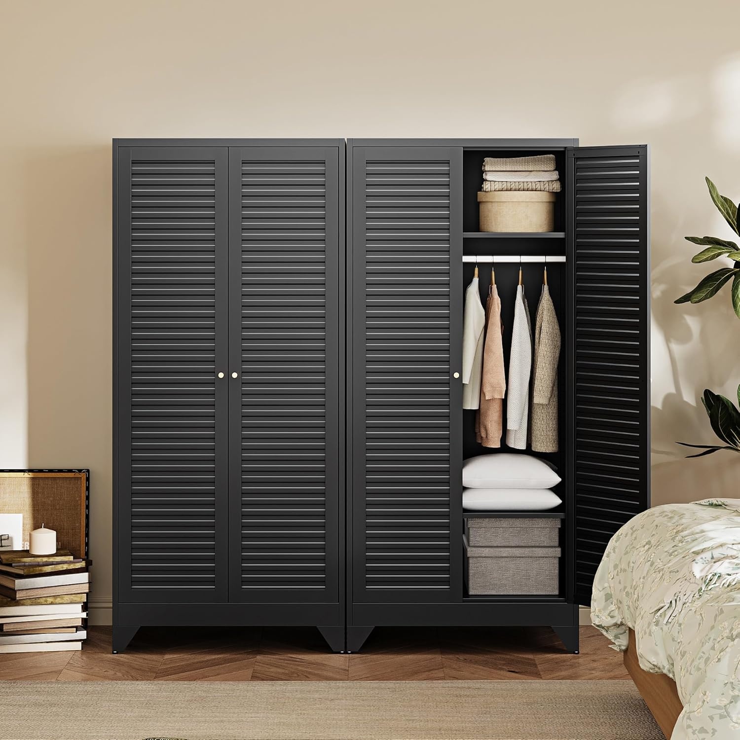 image:imageLetaya Metal Armoire Wardrobe Closet with 2 Drawers18 Deep Clothing Storage Cabinet with Doors and ShelvesCoat Closet with Hanging RodBedroomHomeCloak RoomWhiteBlack