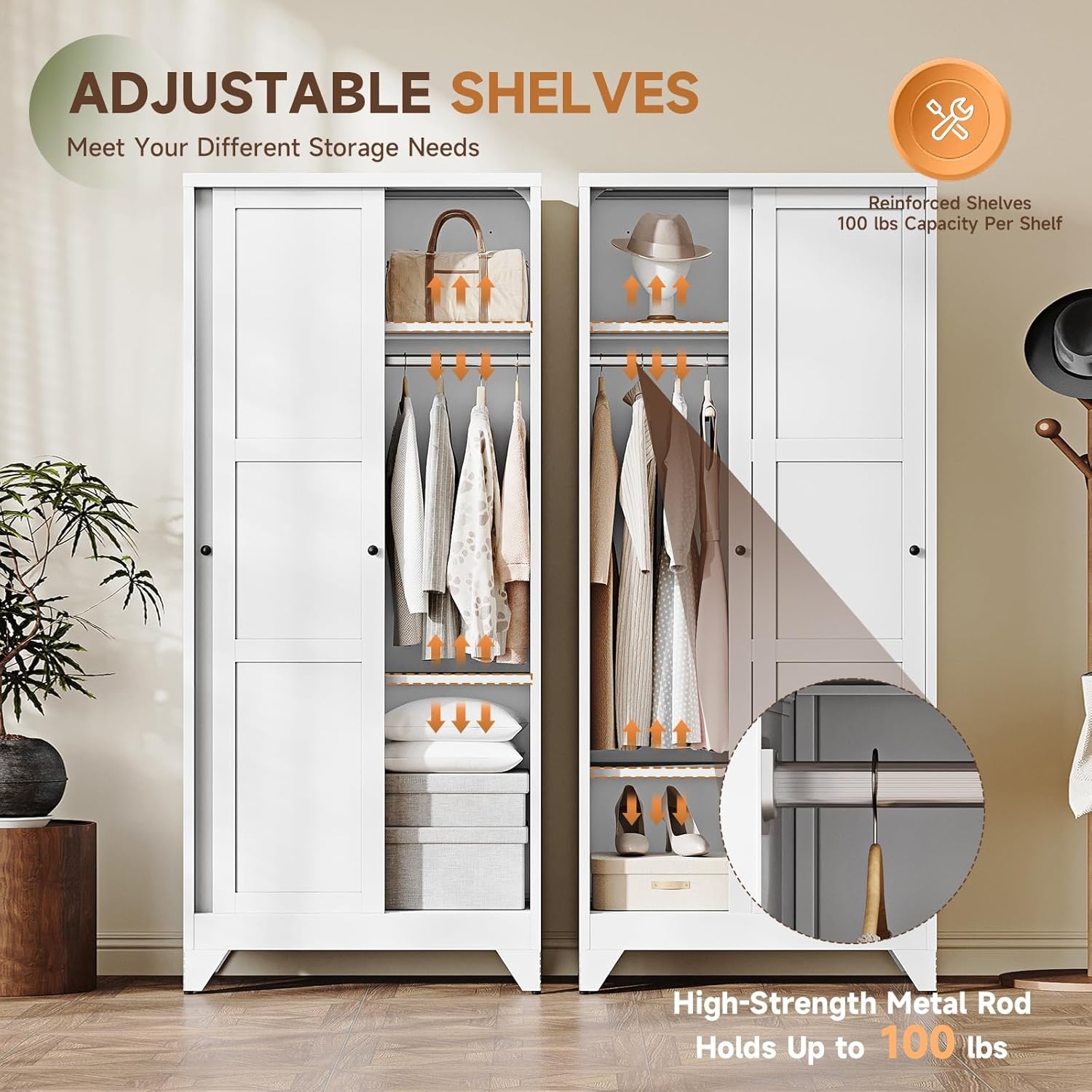 image:imageLetaya Metal Armoire Wardrobe Closet with 2 Drawers18 Deep Clothing Storage Cabinet with Doors and ShelvesCoat Closet with Hanging RodBedroomHomeCloak RoomWhiteWhite
