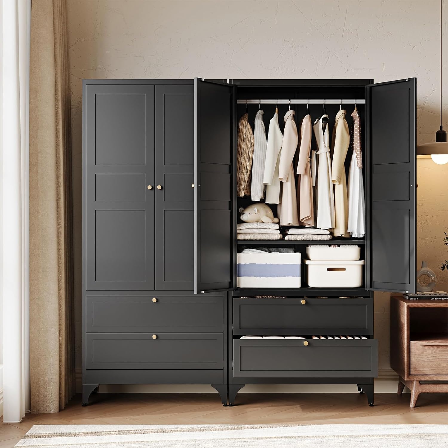 image:imageLetaya Metal Armoire Wardrobe Closet with 2 Drawers18 Deep Clothing Storage Cabinet with Doors and ShelvesCoat Closet with Hanging RodBedroomHomeCloak RoomWhiteBlack